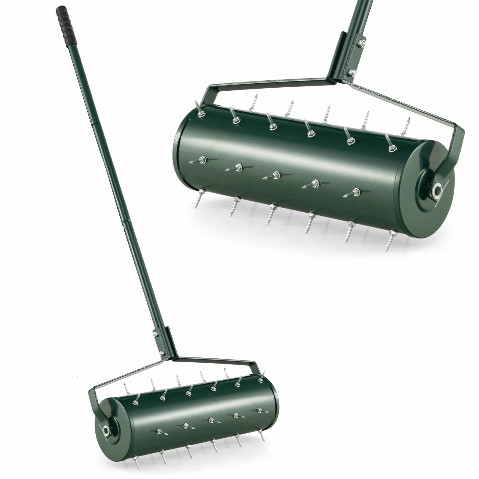 GOPLUS Napowietrzacz trawnika, ręczny wertykulator z trzonkiem i gwoździami 3,4 cm, rolowany aeryzator, ręczny wertykulator, napowietrzacz gleby do ogrodu, na podwórko, taras (53 x 130 cm, zielony)