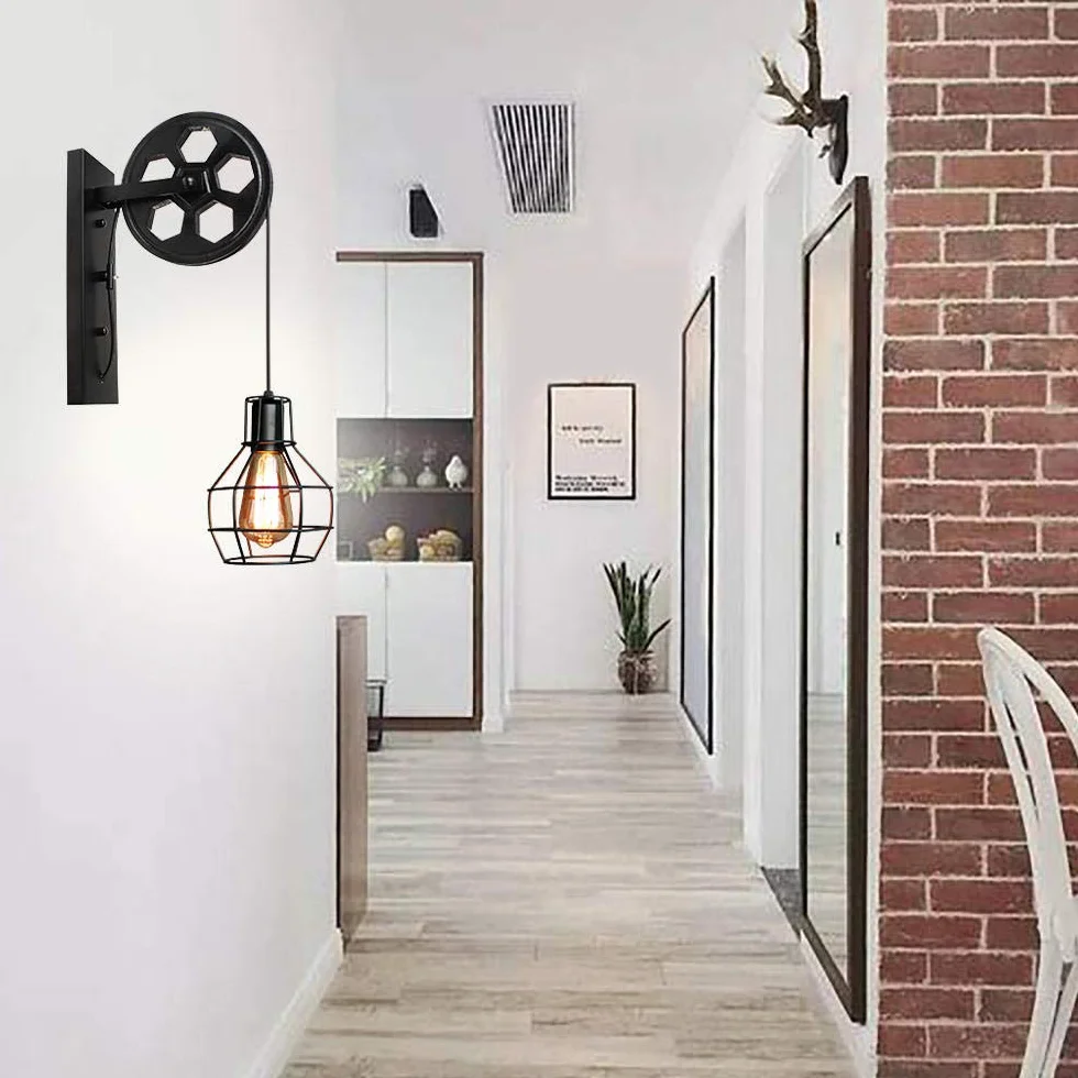 Lampa ścienna Vintage Industrialna Kinkiet Pulley Wewnętrzny Retro Lampa Wisząca E27 Metal Klatka Czarny Loft Stylu dla Sypialnia Regulowana Lina 60W Kinkiet (3 szt)