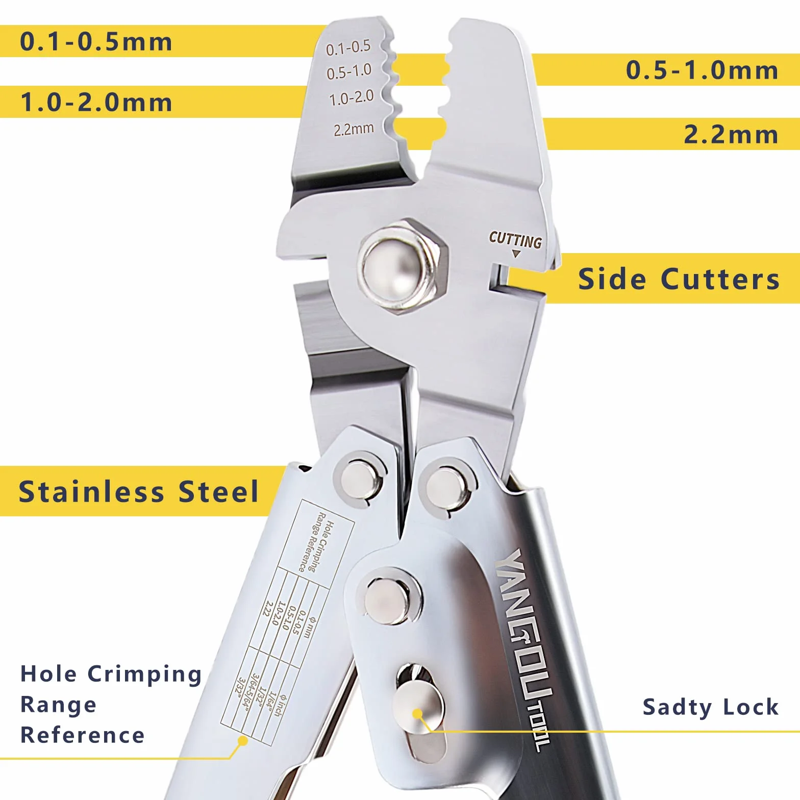 Yangoutool Zaciskarka do lin stalowych, narzędzie do zaciskania i cięcia lin stalowych: Wszechstronne zwijanie blachy 2 w 1, uchwyty 0,1 mm-2,2 mm aluminiowe owalne, podwójne tuleje zatrzymujące,