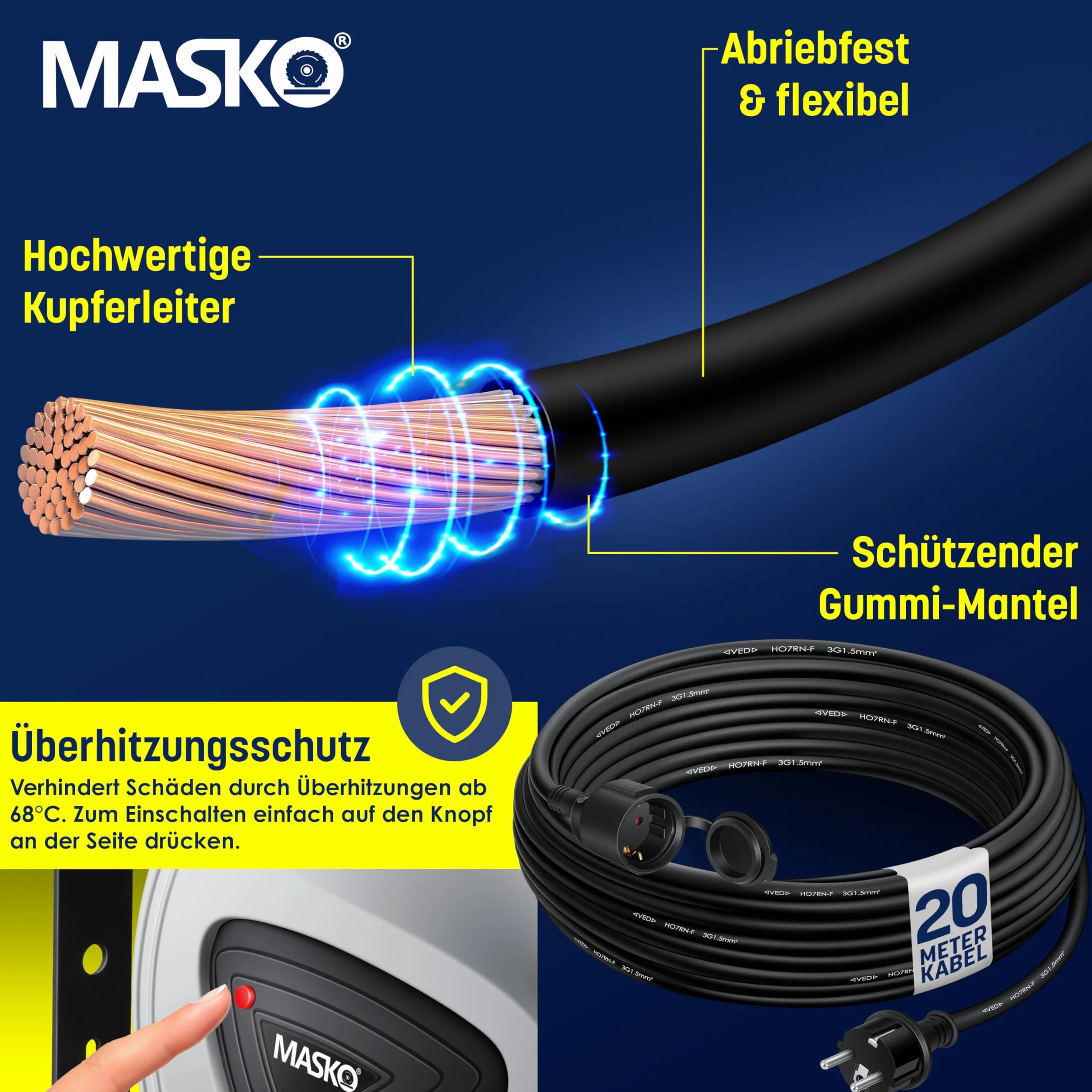 MASKO® Automatyczny bęben kablowy, przedłużacz 20 m, 3-krotne podłączenie, obracany o 180°, przewód doprowadzający, uchwyt ścienny, warsztat, zwijacz kabli, automatyczny bęben prądowy, szary / czarny