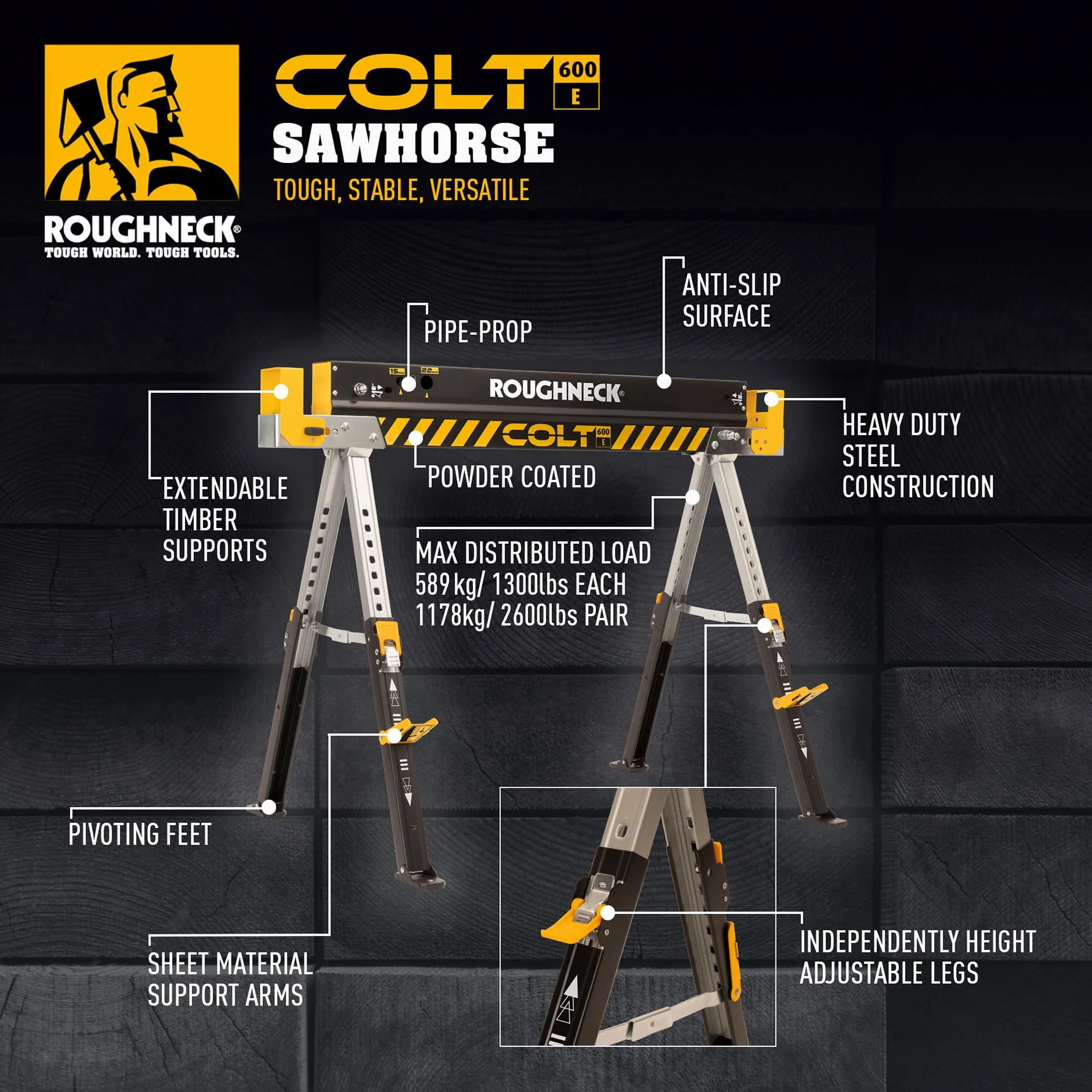 ROUGHNECK® Colt 600E Chevalet de sciage en acier très résistant Capacité de charge 589 kg avec pieds réglables en hauteur pour le travail du bois et la construction