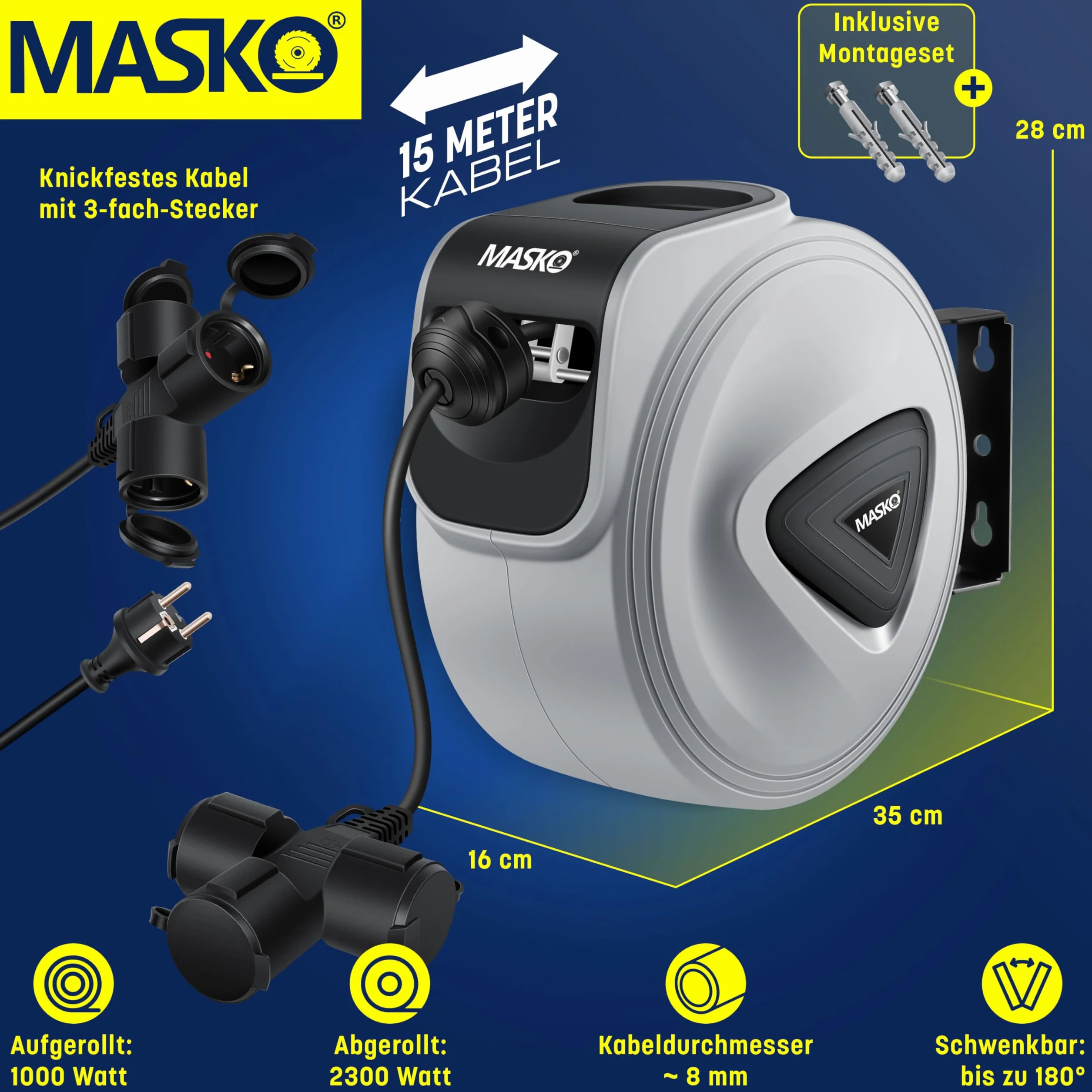 MASKO® Automatyczny bęben kablowy, przedłużacz 20 m, 3-krotne podłączenie, obracany o 180°, przewód doprowadzający, uchwyt ścienny, warsztat, zwijacz kabli, automatyczny bęben prądowy, szary / czarny