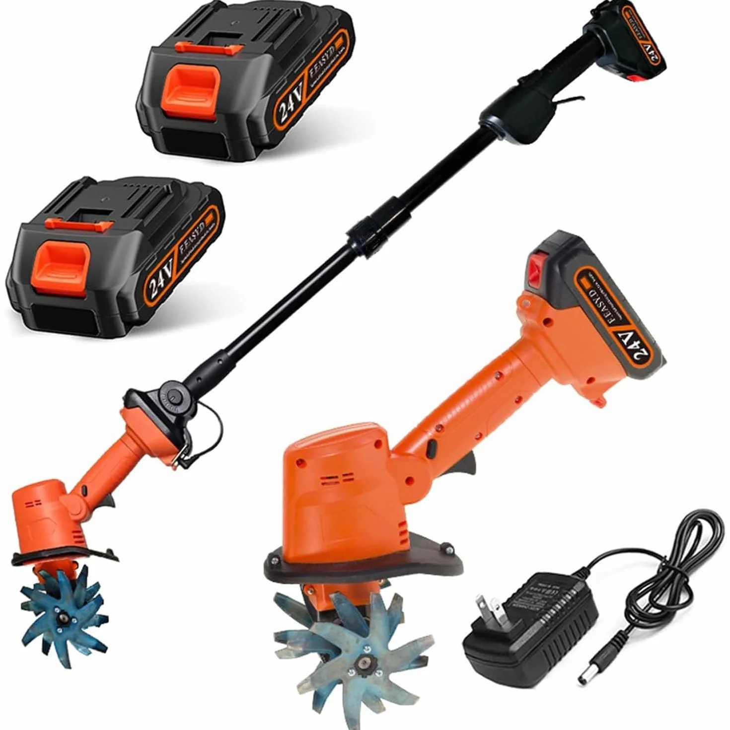 Bezprzewodowa elektryczna glebogryzarka, 21 V mini glebogryzarka z 4 rzędami zębów, głębokość robocza 10 cm, tyczki przedłużające 1,3 m, do uprawy warzyw, szklarni 2-Battery