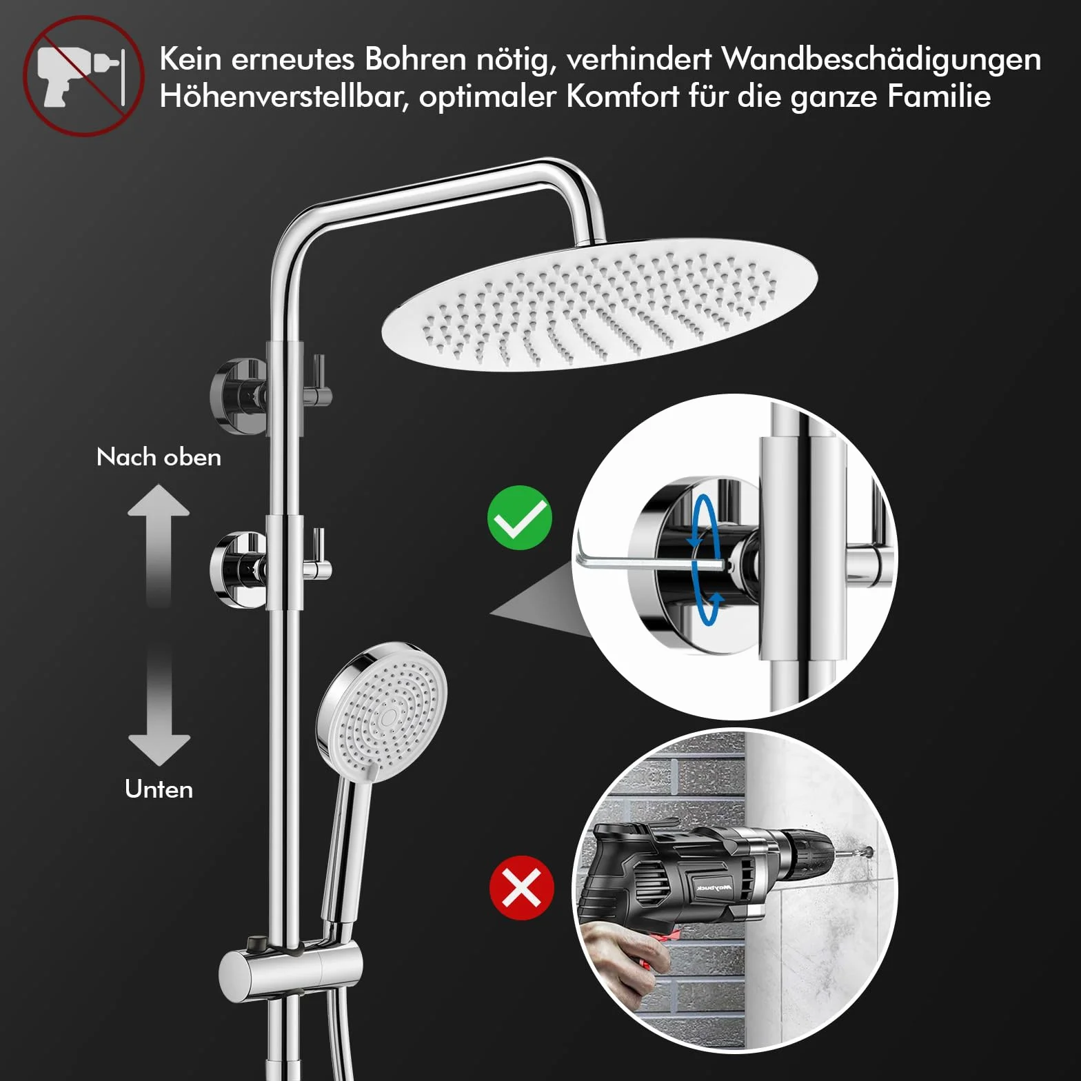 HOMELODY Deszczownica system prysznicowy bez armatury, 300 mm, okrągły, ze stali nierdzewnej, z regulacją wysokości, 3 rodzaje strumienia, system prysznicowy, kolumna prysznicowa, zestaw prysznicowy
