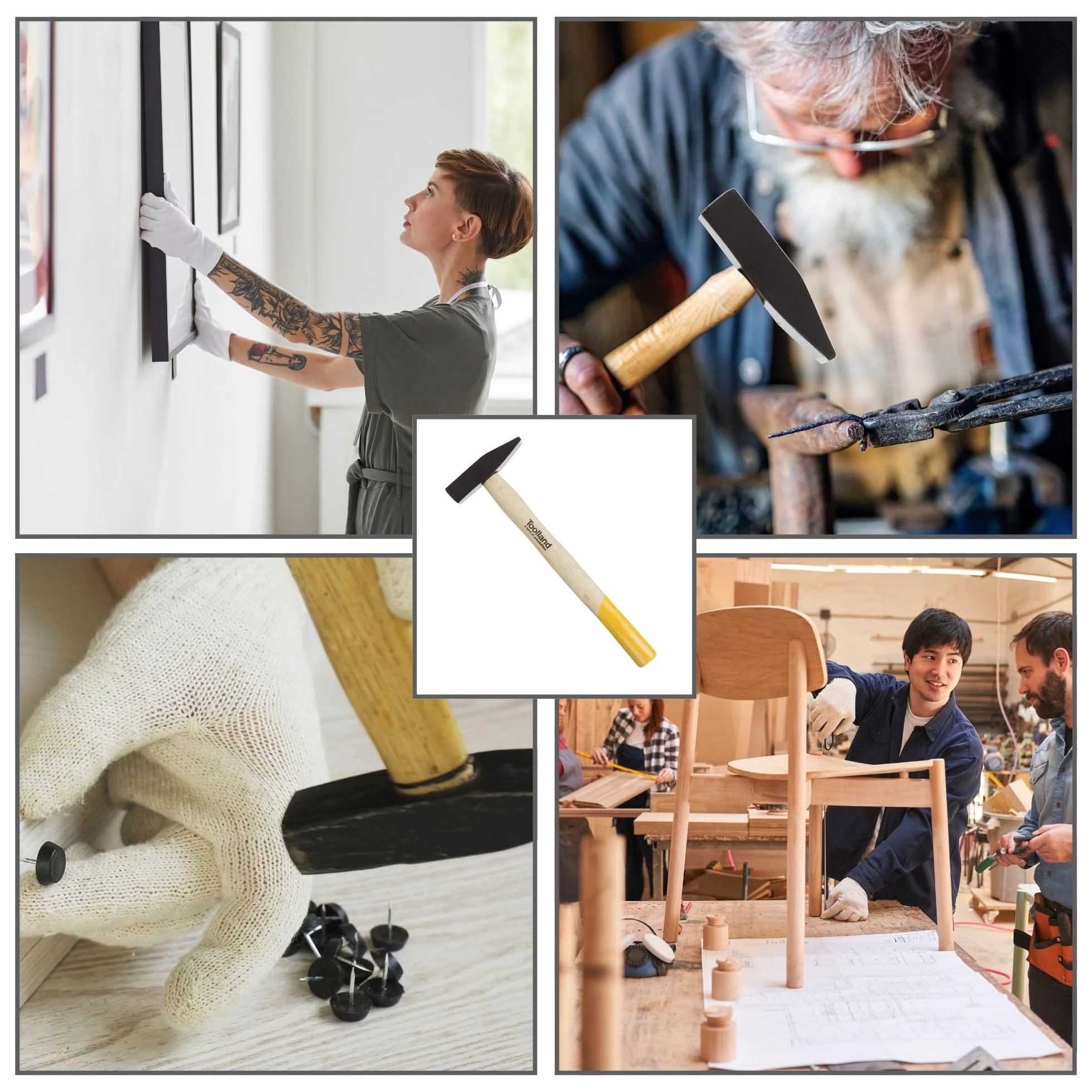 Toolland Młotek mechaniczny 300 g z głowicą stalową i drewnianym trzonkiem, idealny do precyzyjnych prac, stolarki, napraw i majsterkowania, wygodny chwyt i pełna kontrola
