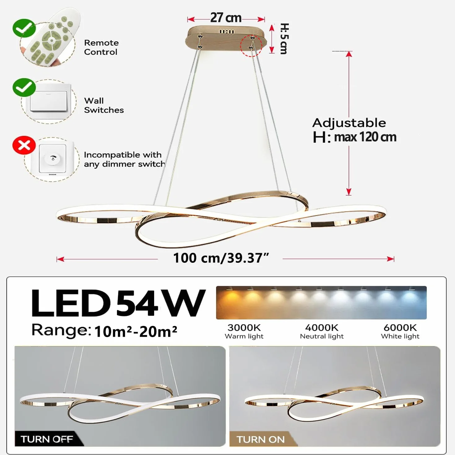 ASJK nowoczesne lampy wiszące led żyrandole do salonu,żyrandol led z pilotem ściemniania za pomocą pilota, akrylowa lampa wisząca do kuchni, jadalni i salonów. Złoto