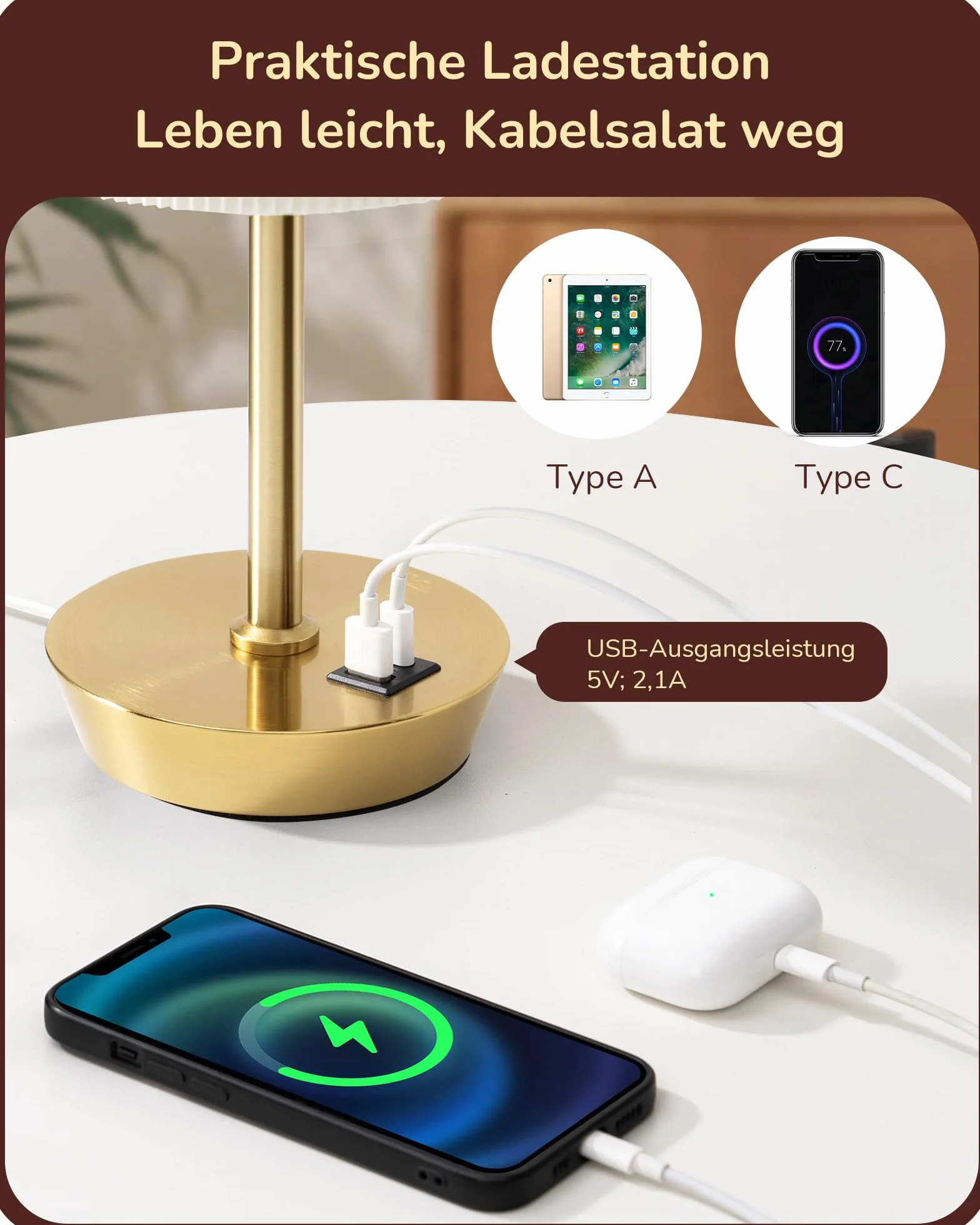 EDISHINE Lampka nocna LED, dotykowa, ściemniana, zestaw 2 szt., nowoczesna, mała lampka, z funkcją ładowania, 2 porty USB, z kablem, do sypialni, salonu, na parapet, prezent, złota | Funkcja ładowania, 5 V / 2,1 A, LED 2700 K w zestawie do sypialni, salon