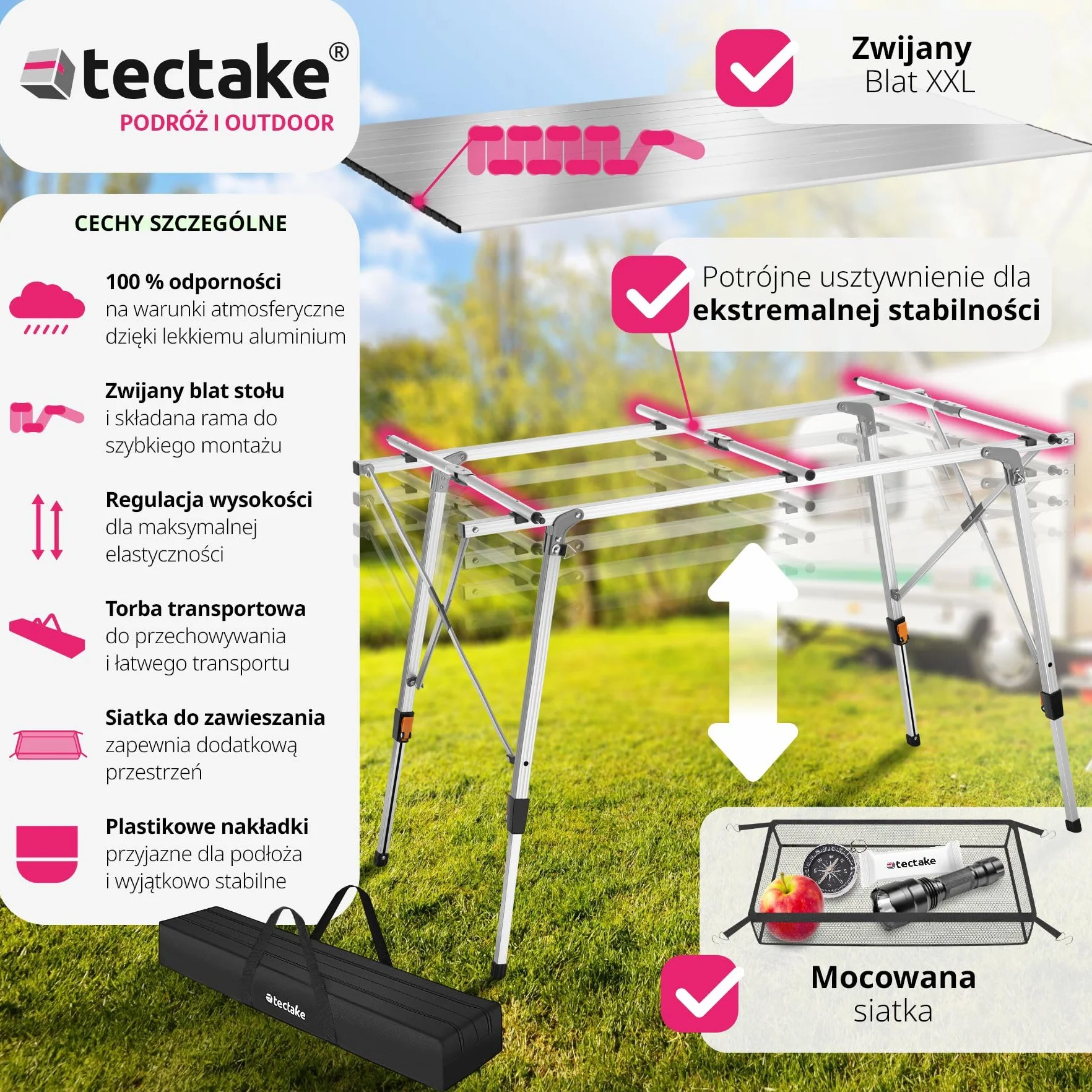 tectake® Składany Stół Kempingowy, Zwijany Blat XXL, Aluminiowa Konstrukcja, Regulacja Wysokości, Lekki, Odporny Na Pogodę, Siatkowa Półka, Torba Transportowa, Doskonały na Piknik (Szary)