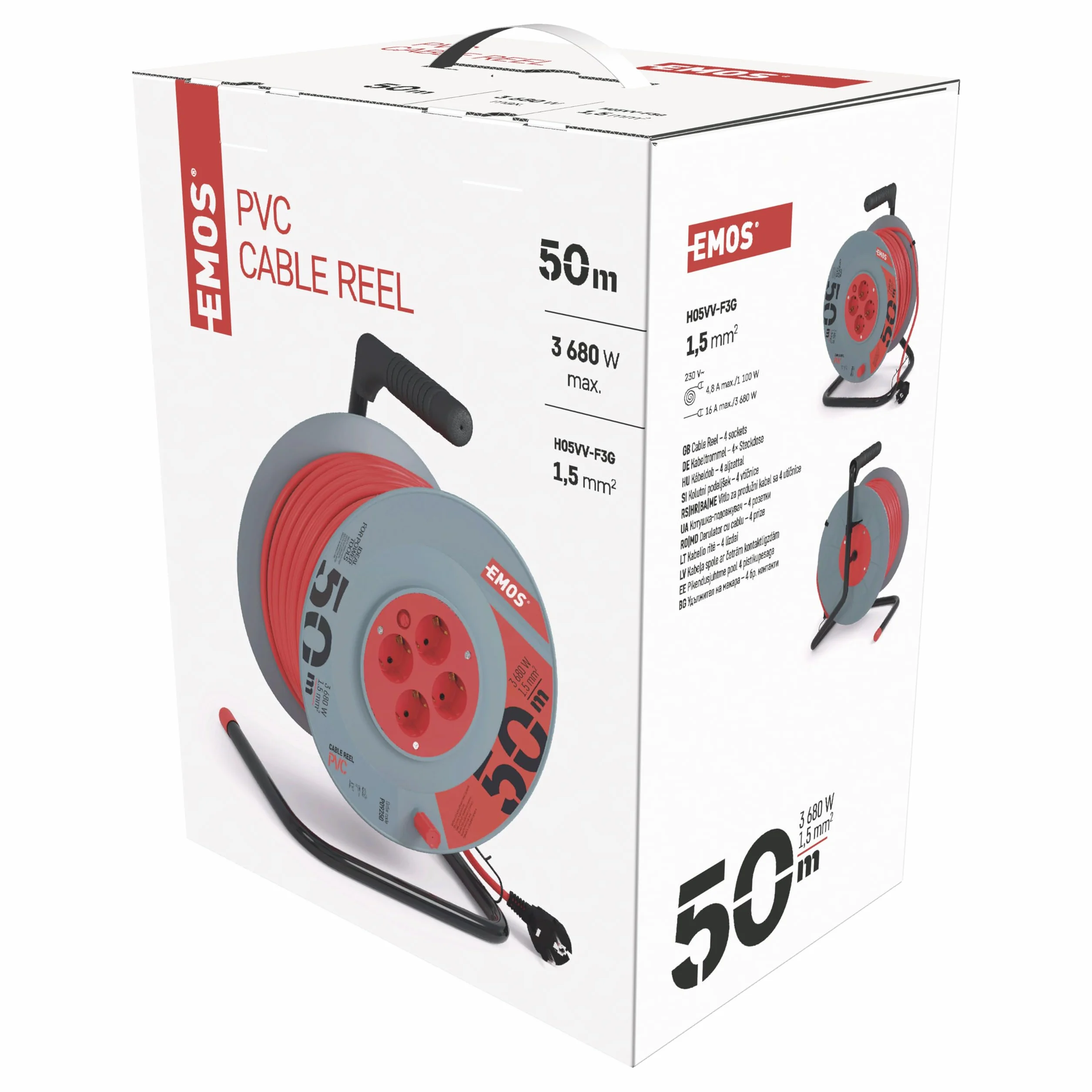 EMOS Bęben kablowy 50 m 4 gniazda Schuko 230 V 16 A 3680 W H05VV-F3G 1,5 mm² IP20