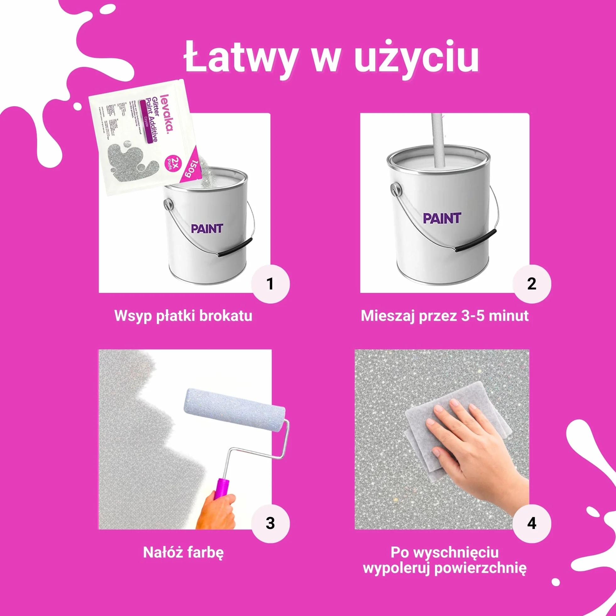Levaka 150g Czyste Srebro Brokat do Farby – 2 x Nakładki Polerujące – Brokat do Ścian Mieszalny z Każdym Rodzajem Farby Emulsyjnej – Lśniące Brokatowe Ściany Wewnątrz i na Zewnątrz, Sufity, Drewno