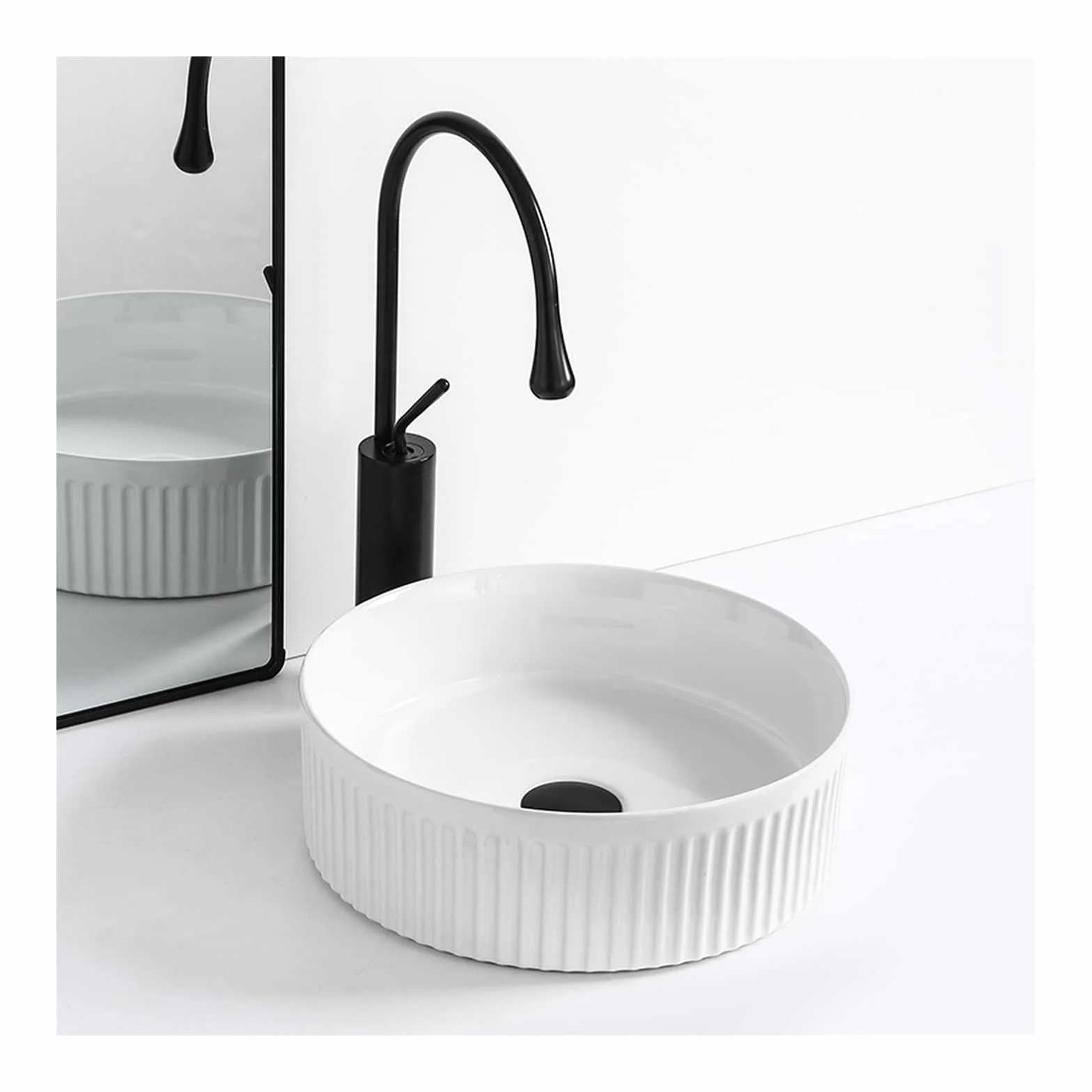 Umywalka łazienkowa 14,0 cala biała okrągła umywalka nowoczesna umywalka łazienkowa nablatowa ceramiczna porcelana artystyczna z kranem do blatu (czarny zestaw kranu)