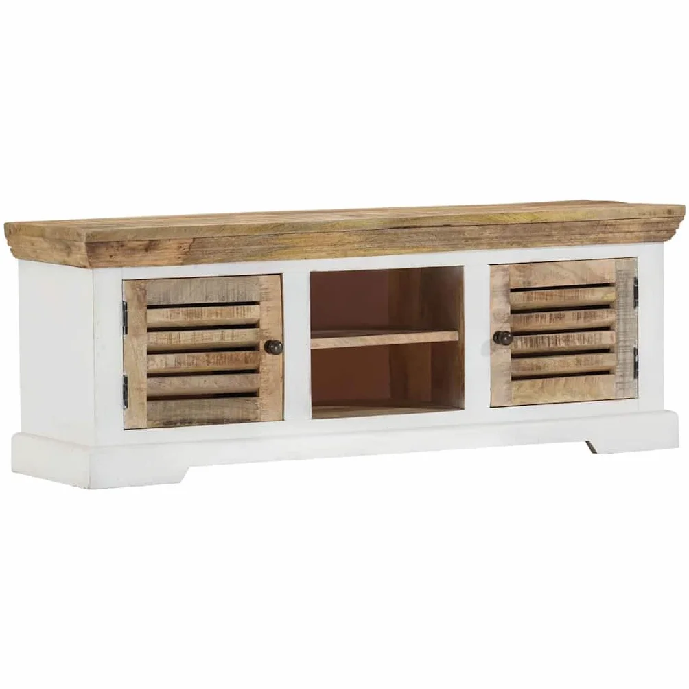 Szafka pod telewizor z litego drewna mango, 110 x 30 x 40 cm, z 2 drzwiami, 2 półkami, kredens, komoda do salonu, sypialni, korytarza, miejsce do przechowywania mebli