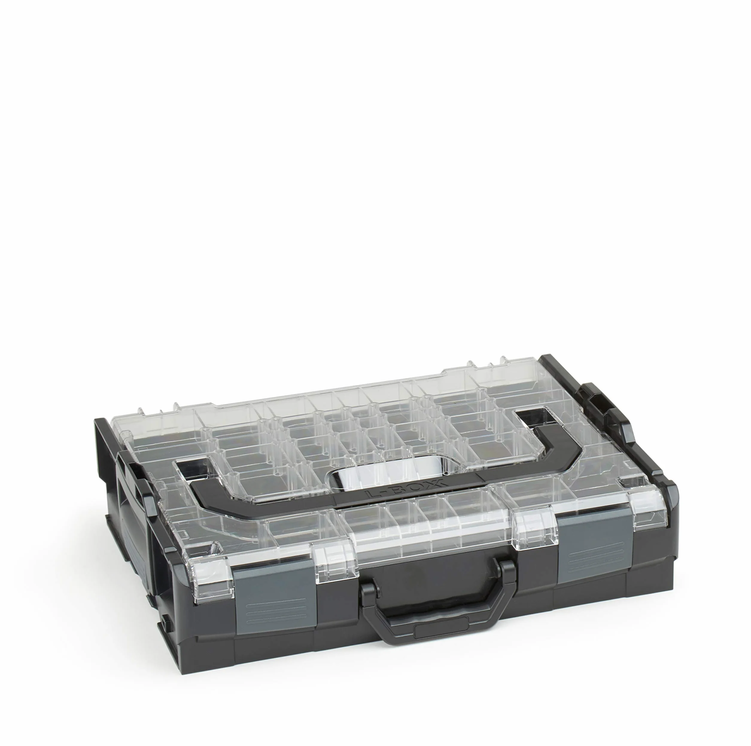 Sortimo Bosch L-BOXX 102 walizka narzędziowa z tworzywa sztucznego, czarna, pokrywka, z zestawem pudełek do sortowania małych części, idealny system przechowywania śrub