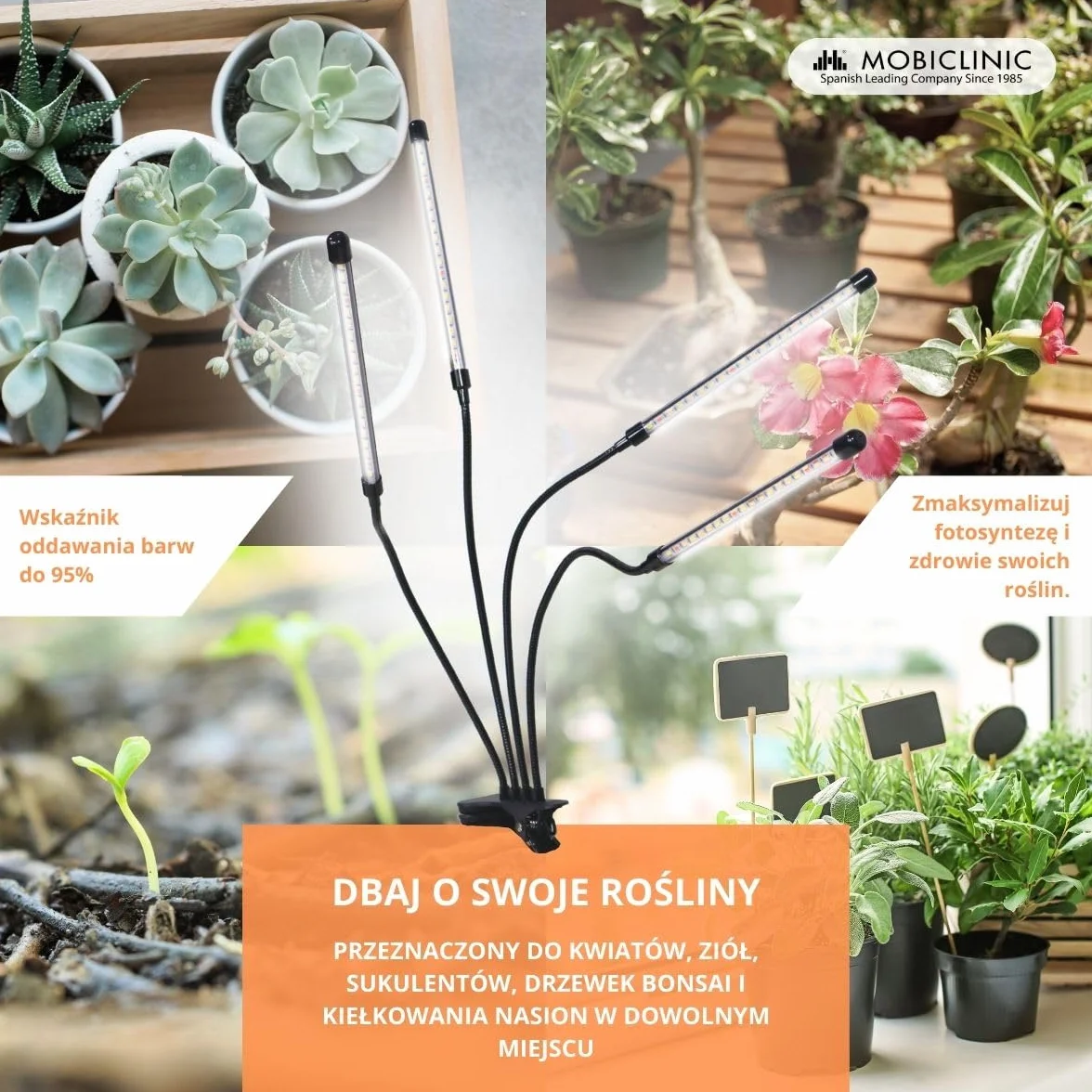 Mobiclinic Lampa Roślinna LED Growflex x4 80W Pełne Spektrum 6000K 10 Poziomów Jasności Obrót 360°
