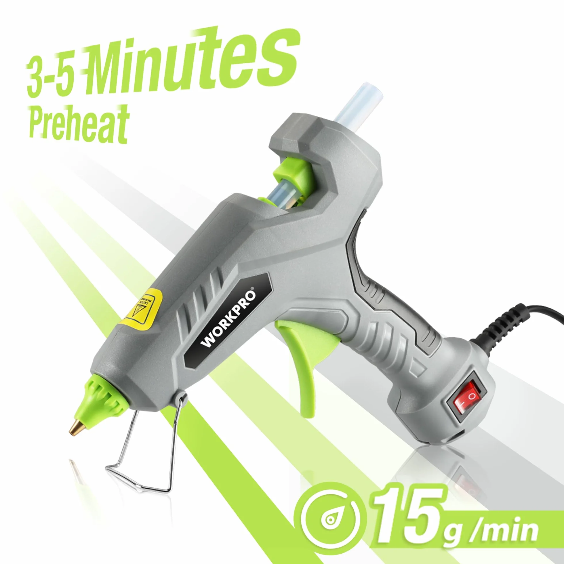 WORKPRO Pistolet do klejenia na gorąco 60 W z 20 sztyftami klejowymi 11 x 100 mm, elektryczny pistolet do szybkiego nagrzewania, do naprawy, sztuki i majsterkowania, zielono-szaro-czarny