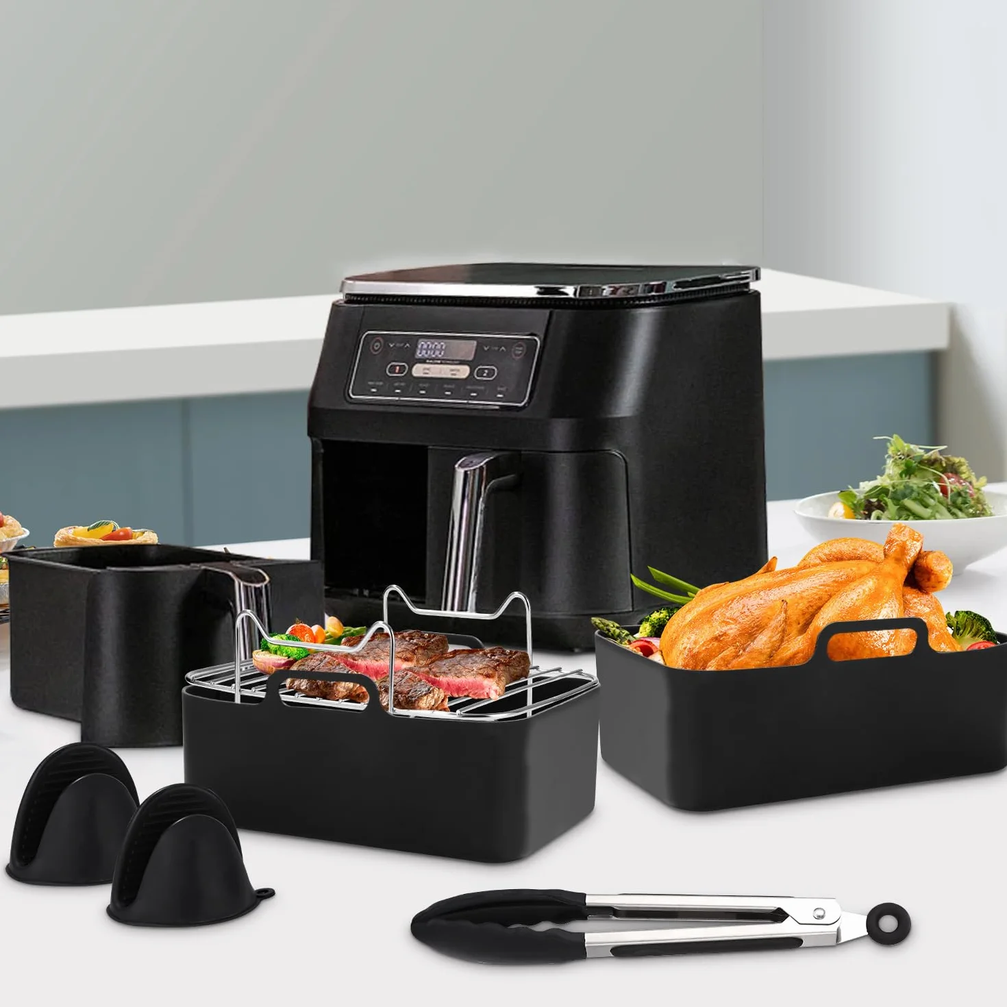 Zestaw 11 sztuk akcesoriów do frytkownicy na gorące powietrze, akcesoria do frytkownicy Ninja Foodi AF400EU, AF300EU, COSORI, Tower 7,6 l/8 l/9 l/9,5 l, podwójna strefa frytkownicy na gorące powietrze