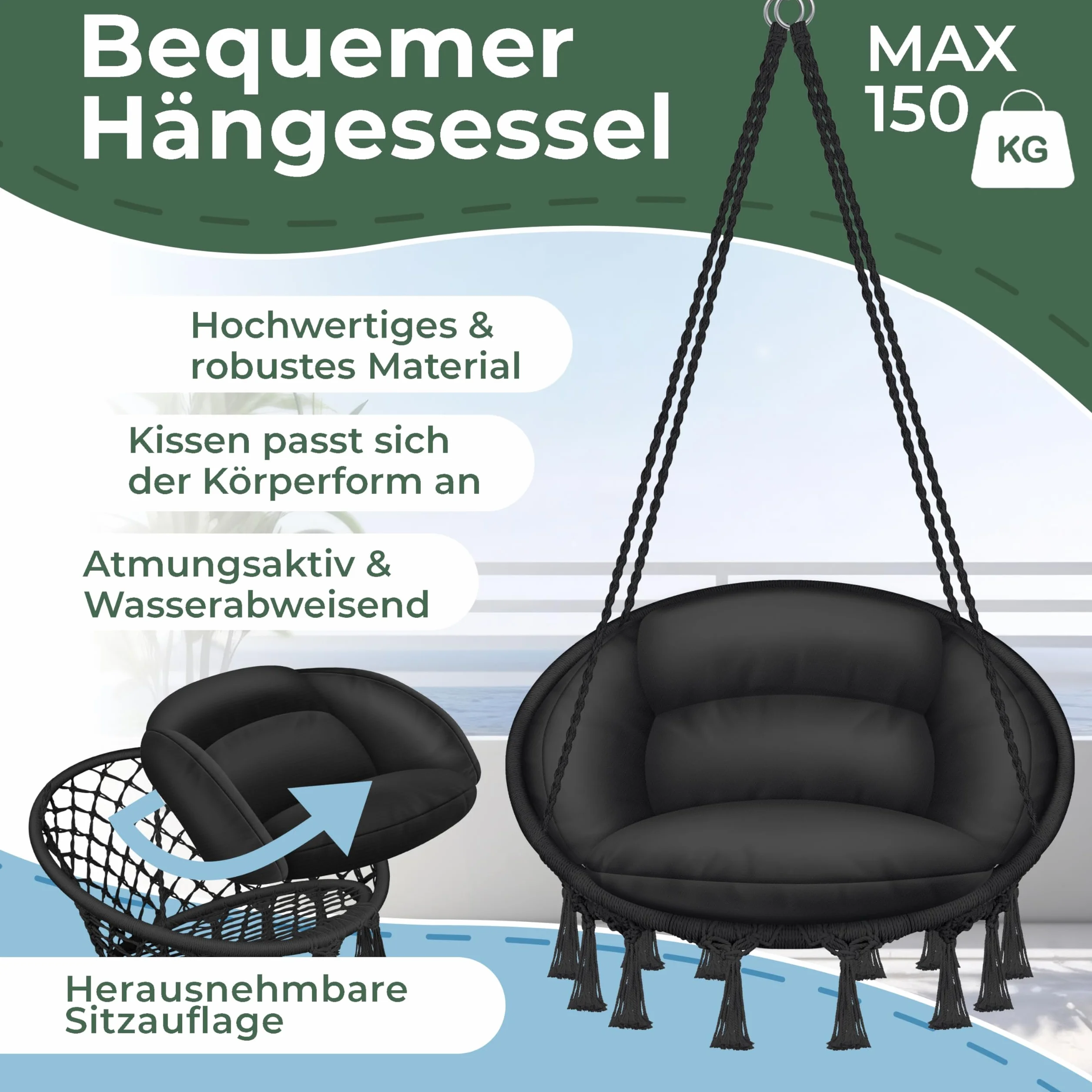 KESSER® Fotel wiszący z poduszką – Chill krzesło wiszące do zawieszenia dla dorosłych i dzieci, hamak do 150 kg, do zawieszenia wewnątrz i na zewnątrz, do salonu i ogrodu, na taras, czarny