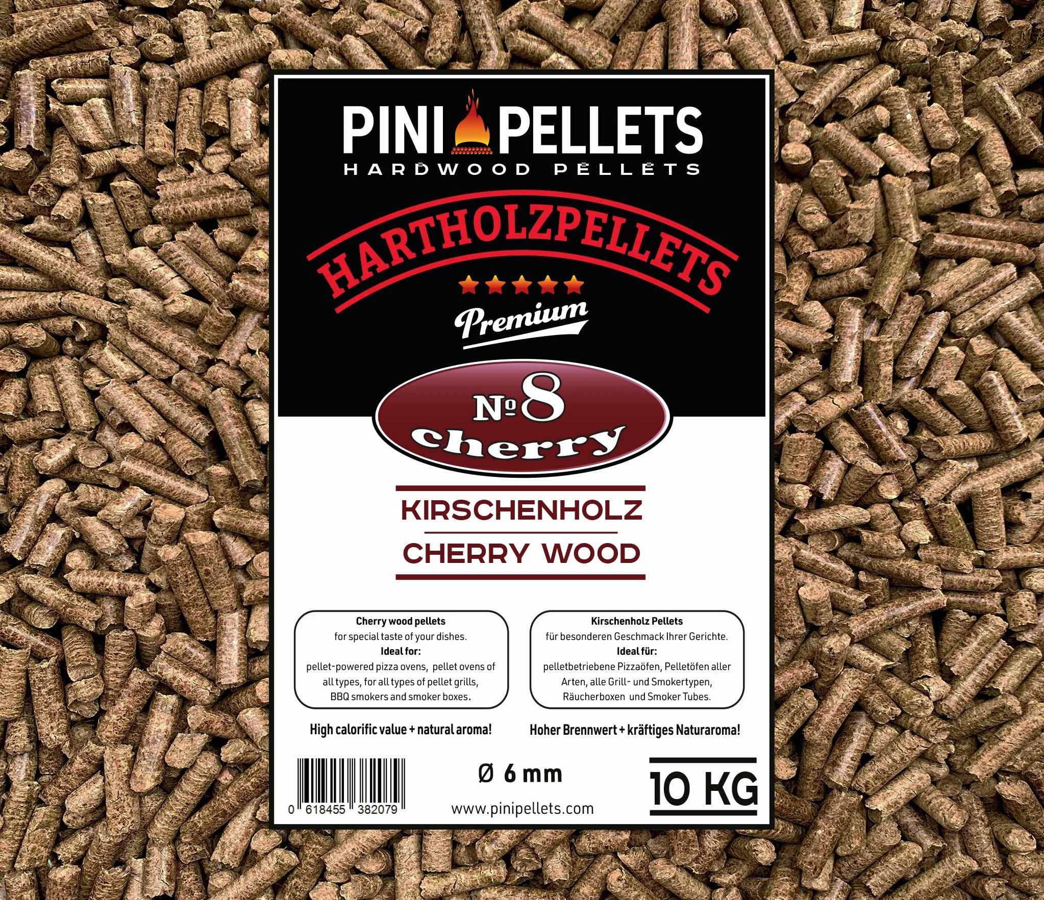 PINI Pellet grillowy № 8, wiśnia, 10 kg, pellet z twardego drewna do grillowania, wędzenia