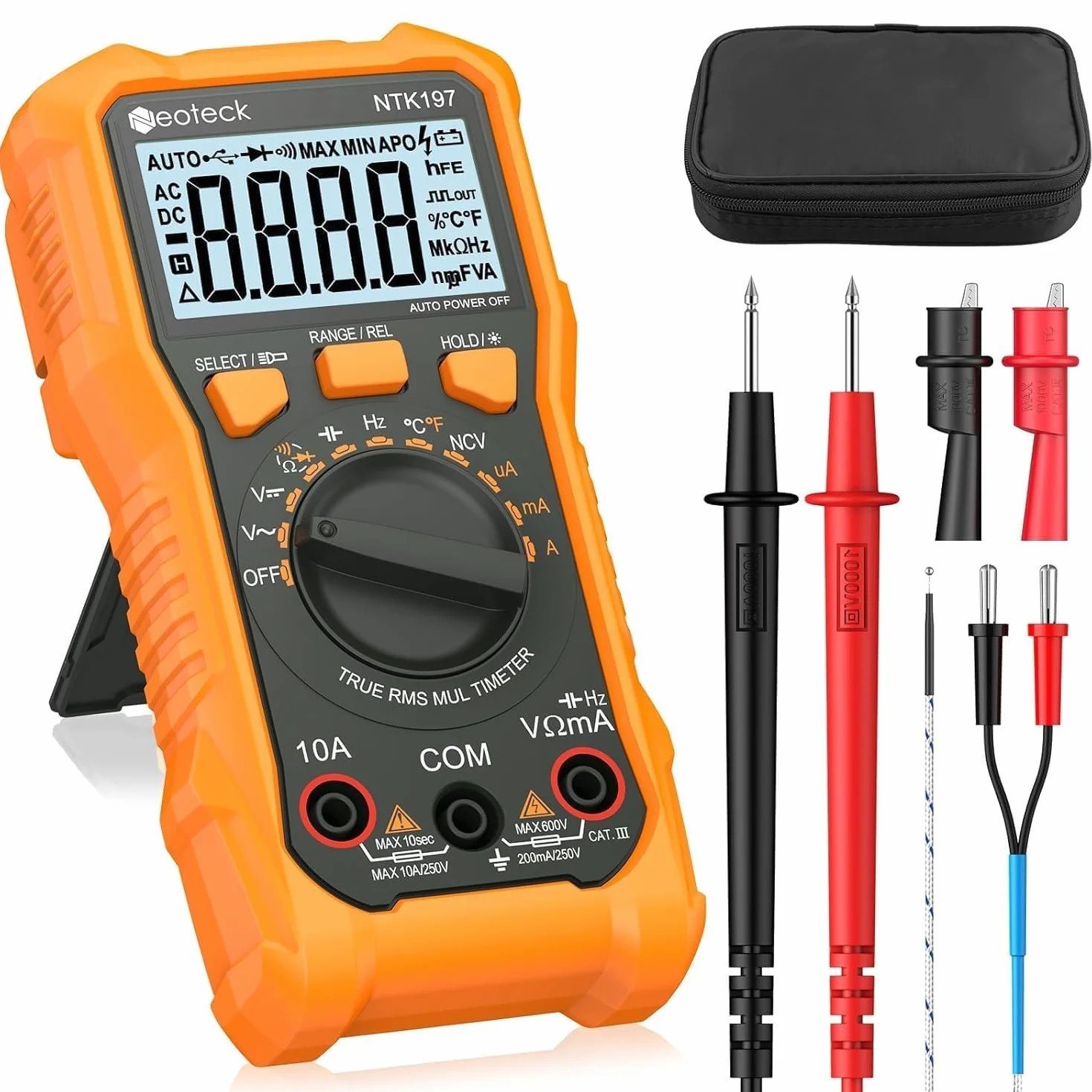 Neoteck Cyfrowy multimetr woltomierz 2000 liczników tester napięcia AC/DC prąd napięcie opór pojemność NCV częstotliwość temperatura miernik z zaciskiem krokodylkowym