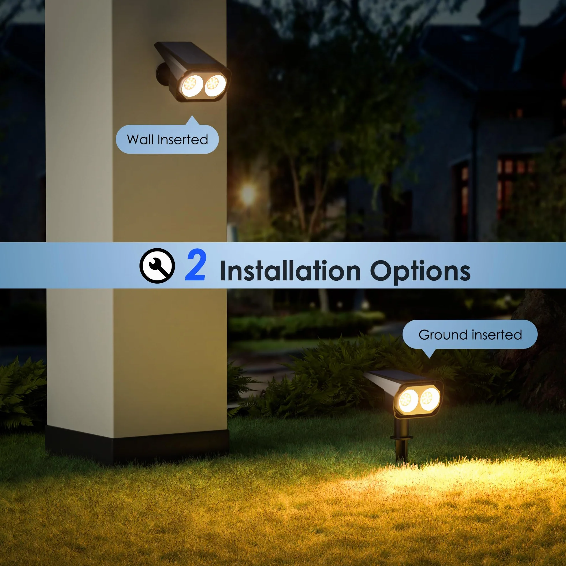 Zestaw 4 reflektorów zewnętrznych LED Quntis 26LEDs, wodoodporne zewnętrzne oświetlenie słoneczne IP65 z 3 kolorami i 6 trybami, kabel ładujący USB C, zewnętrzny reflektor słoneczny
