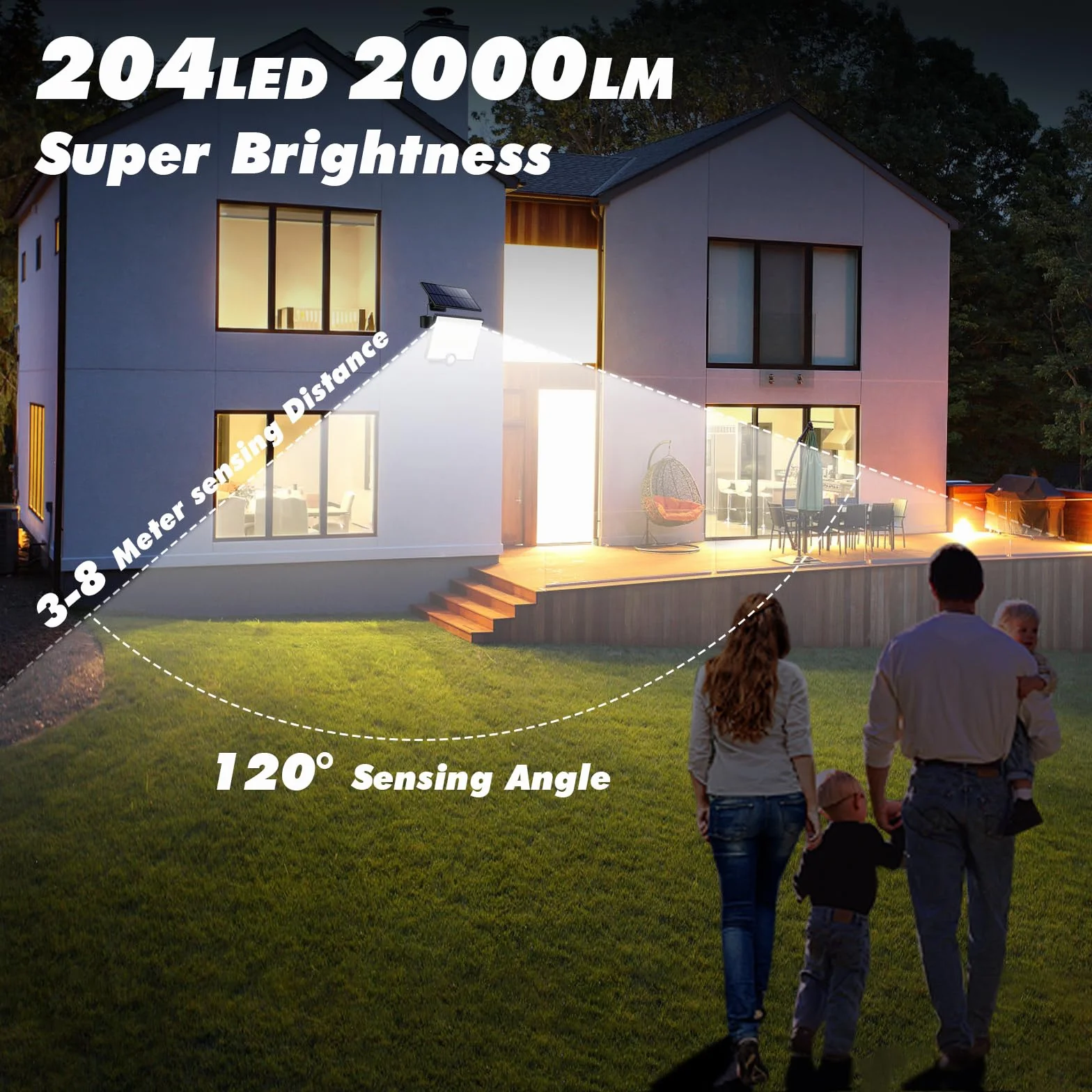 Zestaw 4 szt. Zewnętrzna lampa solarna z czujnikiem ruchu, 3 tryby: 204LED/2000 lm, wodoszczelne zewnętrzne światło słoneczne, IP65, solarne oświetlenie zewnętrzne, reflektor LED z kablem 16,4 stóp do
