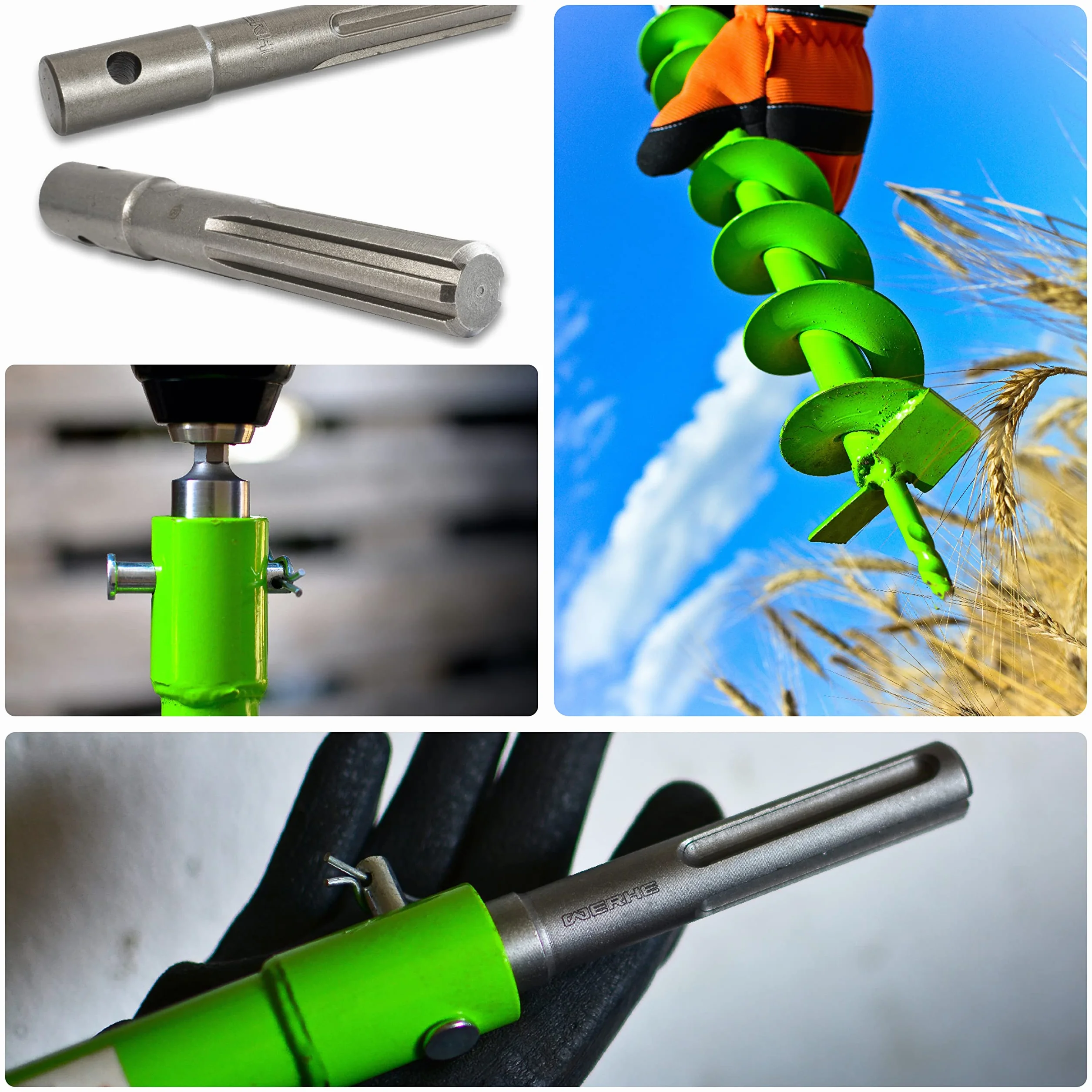 WERHE świder ziemny 180 mm, podwójna spirala, lita stal, SDS Max uchwyt | grot centrujący do precyzyjnego przyłożenia, w zestawie adapter i sworzeń zabezpieczający SDS Max