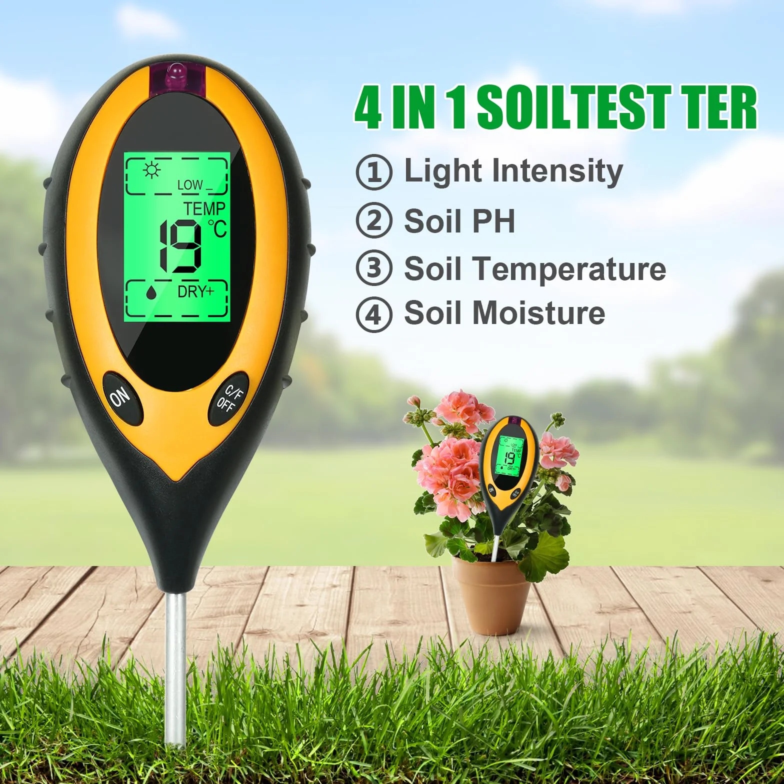 flintronic Tester gleby 4 w 1 pH-metr, cyfrowy tester z termometrem do roślin mierzący oświetlenie, temperaturę, PH, wilgotność gleby, miernik wilgotności do ogrodu 4 w 1, tester ziemi