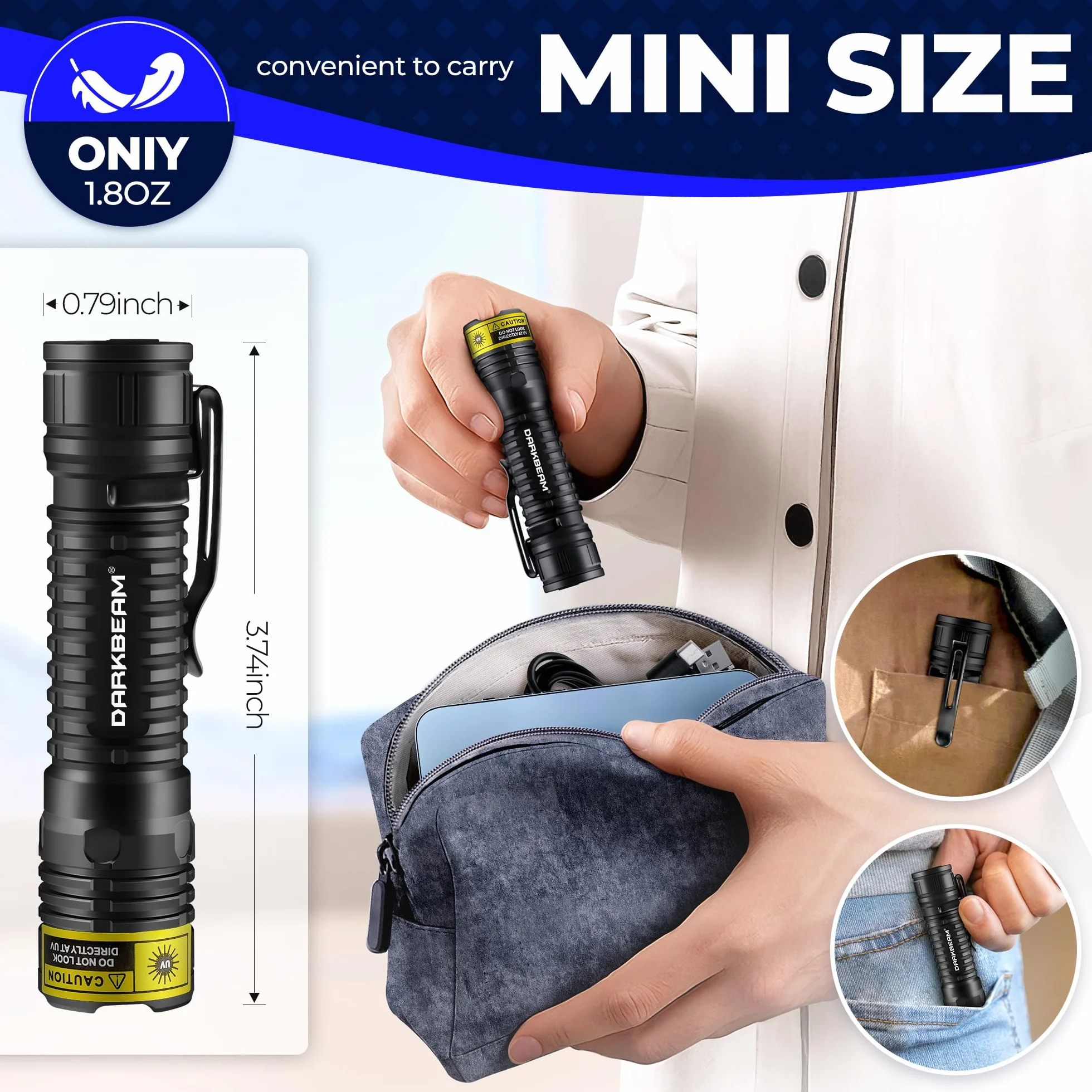 DARKBEAM Latarka UV 365nm Blacklight Czarne światło LED, Mini potężna Woodsche Lampa Latarki ultrafioletowe USB -C Akumulator Detektor moczu dla kota do szkła uranowego, Minerały, utwardzania żywicy