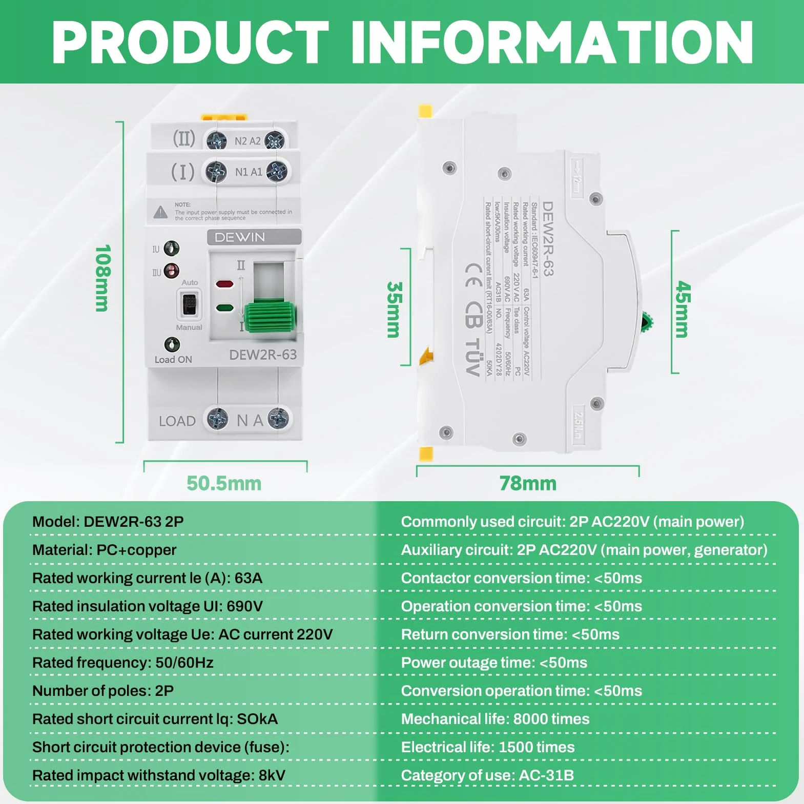 Automatyczny przełącznik transferowy ATS G2R 2P 63A 220V