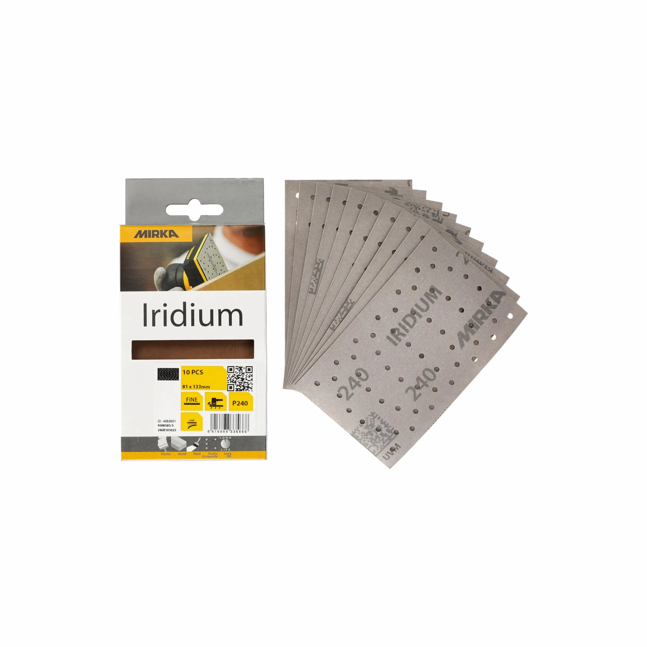 Mirka Iridium Premium papier ścierny 81x133mm rzep 54-otwory, ziarnistość 240, opakowanie 10 sztuk/Do szlifowania farb, szpachli, podkładów, drewna, stali, materiałów mineralnych, plastiku.