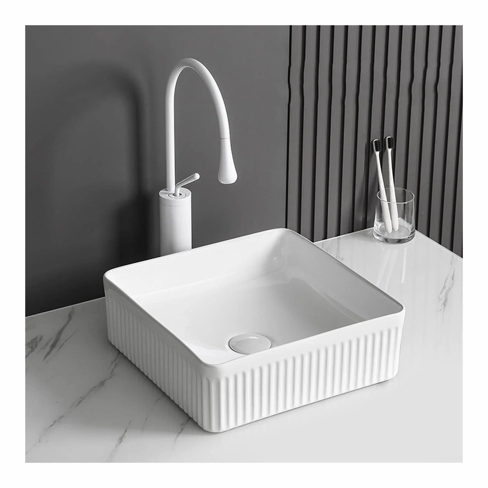 Umywalki Łazienkowe - Umywalka Nablatowa Łazienkowa 14"X14", Umywalka Ceramiczna Nablatowa Z Kranem, Biała Umywalka Meblowa, Umywalka Nablatowa,White Faucet Set-One Size