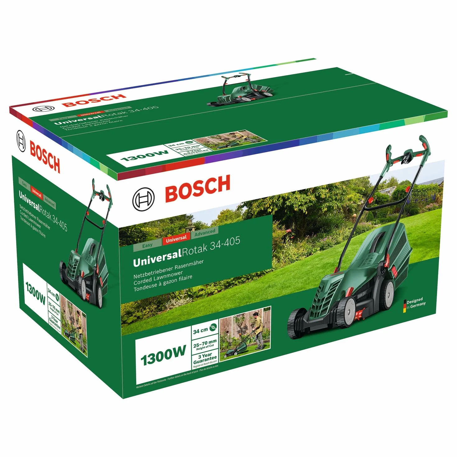 Bosch Kosiarka sieciowa UniversalRotak 34-405 (silnik 1 300 W, szerokość cięcia: 34 cm, zbiornik na trawę 40 l, do równomiernego koszenia trawników oraz do precyzyjnego koszenia przy krawędziach)