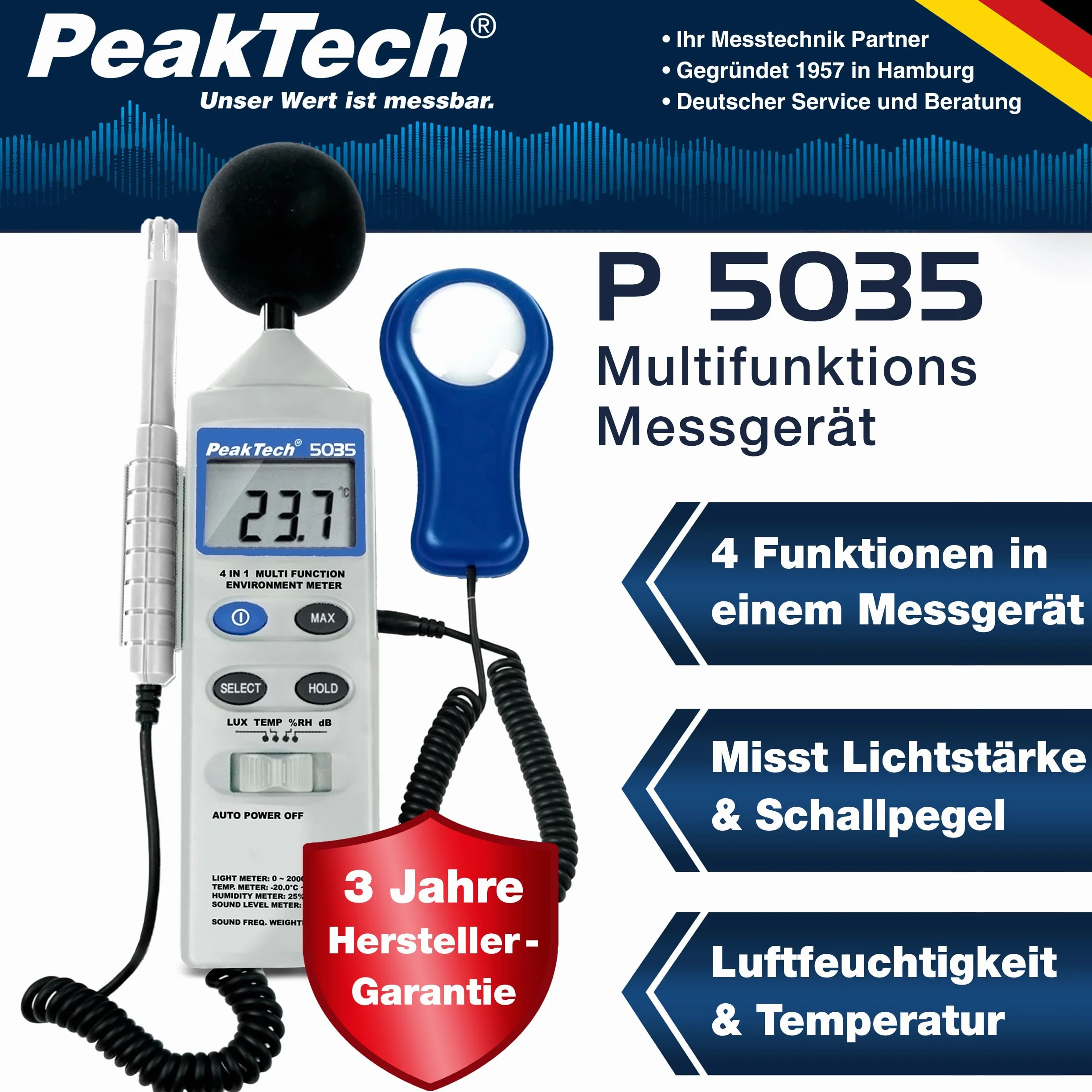 PeakTech P 5035 - Wielofunkcyjny Miernik środowiska ~ z temperaturą, wilgotnością, luksami, poziomem dźwięku