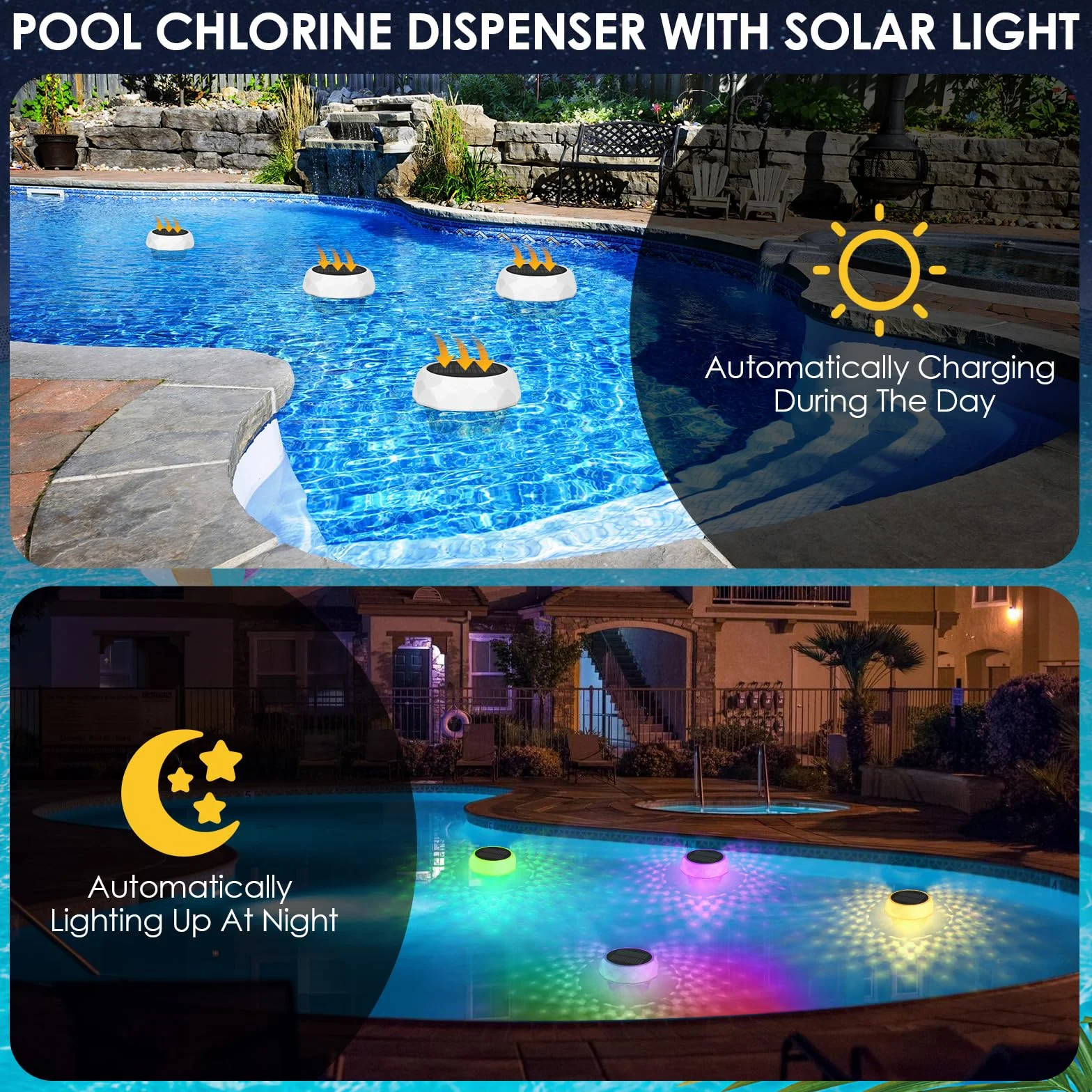 ZWOOS Dosing Float Pool, Pływak do tabletek chloru (pusty), Dozownik chloru do basenu, Oświetlenie basenowe solarne, Pływający dozownik chloru, Oświetlenie basenowe RGB, Wodoodporny IP68, Lampa dekora