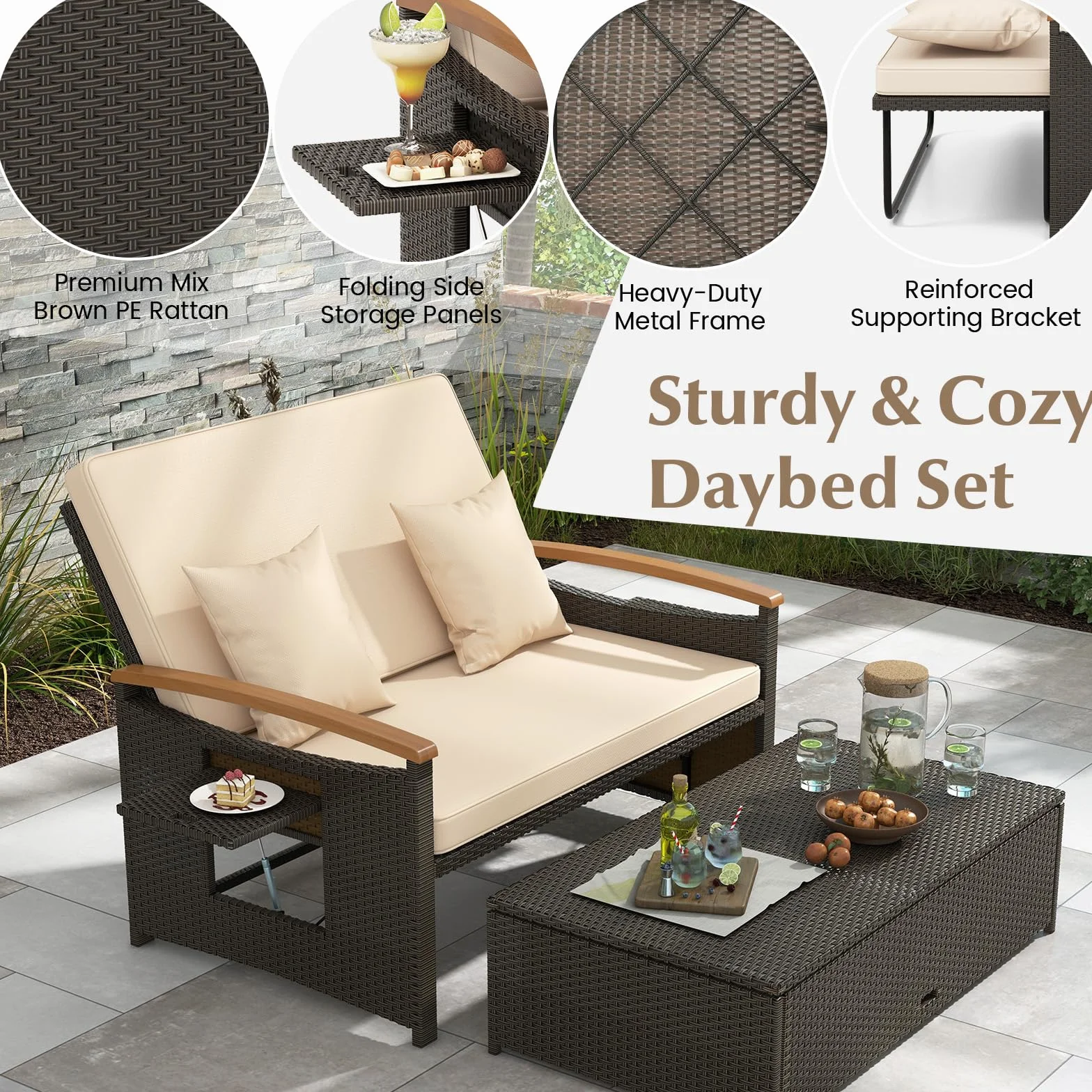 LIFEZEAL salon ogrodowy 2-osobowa sofa z regulowanym oparciem 4-pozycyjnym rattan PE obciążenie 360 kg