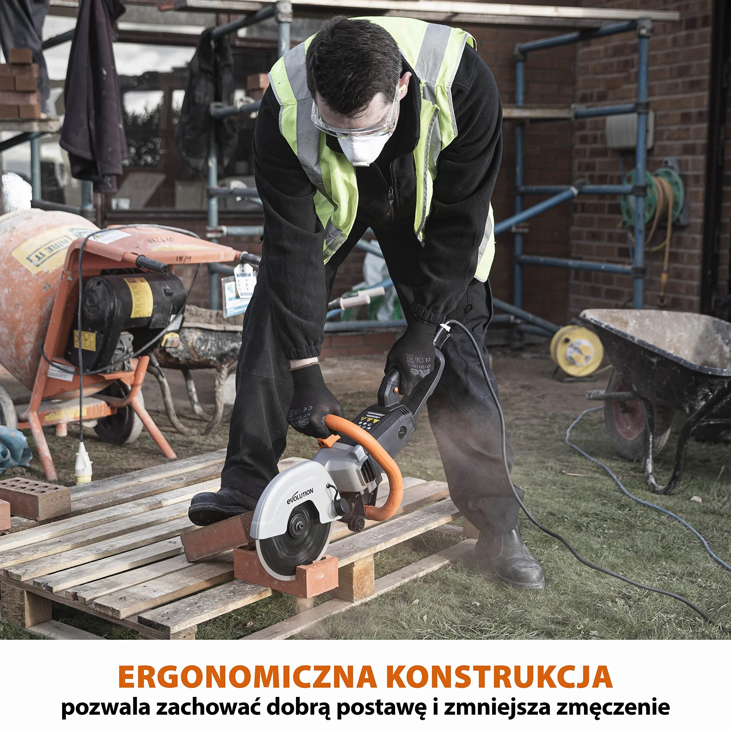 Evolution Power Tools Elektryczna przecinarka tarczowa i pilarka do betonu R230DCT z tarczą diamentową 230 mm (9”) do cięcia kamienia i metalu