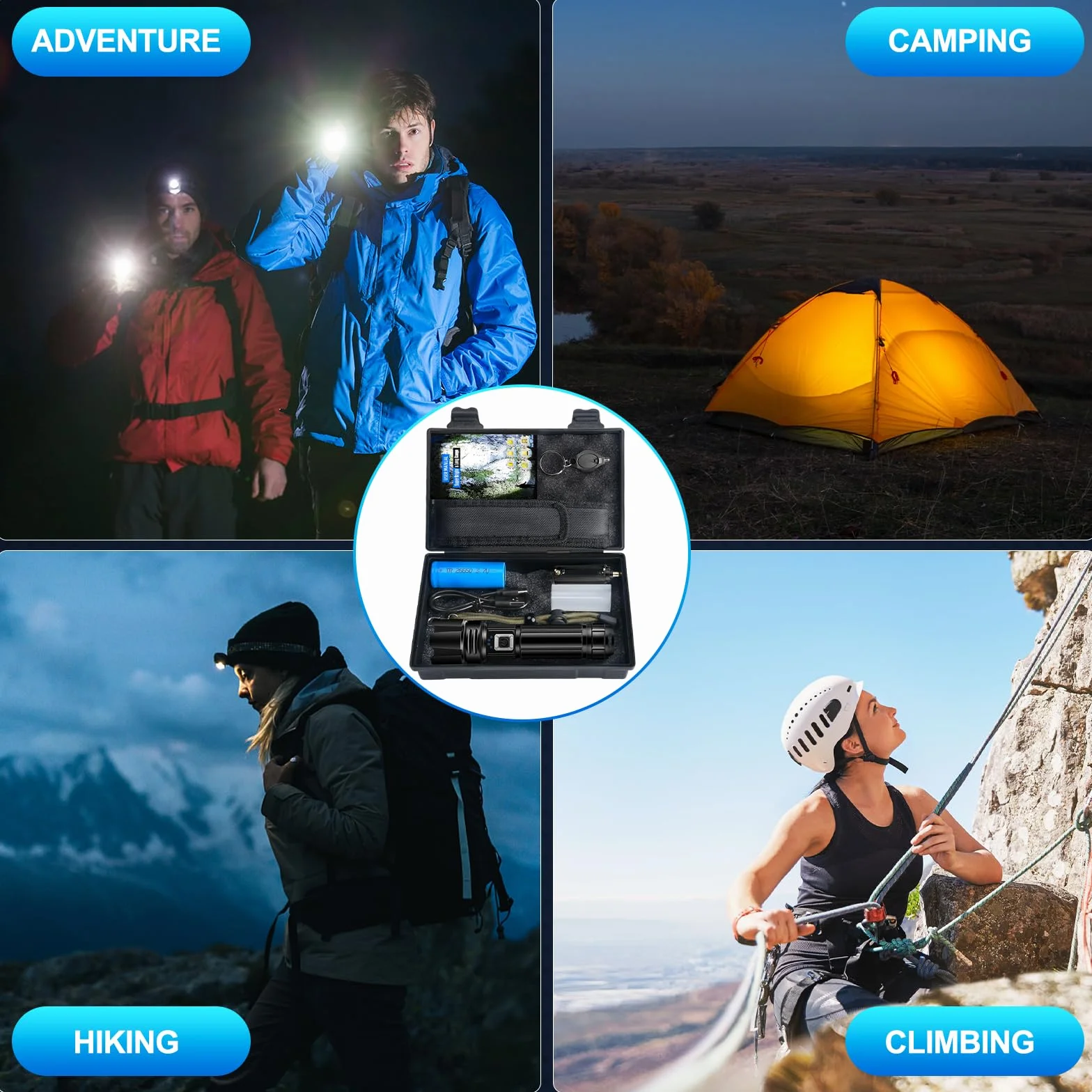 Latarka LED Ładowana 500000 Lumenów Niezwykle Jasna Powiększalna Latarki Taktyczne Mocne, Wodoodporna IP67, do Campingu Wędrówek Sytuacji Kryzysowych Outdoor Wędkarstwa, z Pokrowcem + Kompasem