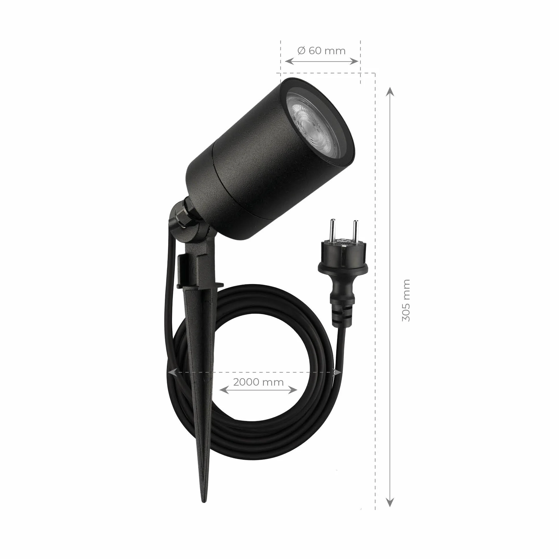 Ledvion - Reflektor LED na podłogę, kolor czarny, aluminium, IP65, mocowanie GU10, kabel 2 m z wtyczką, reflektor LED Pin Spot, reflektor ogrodowy