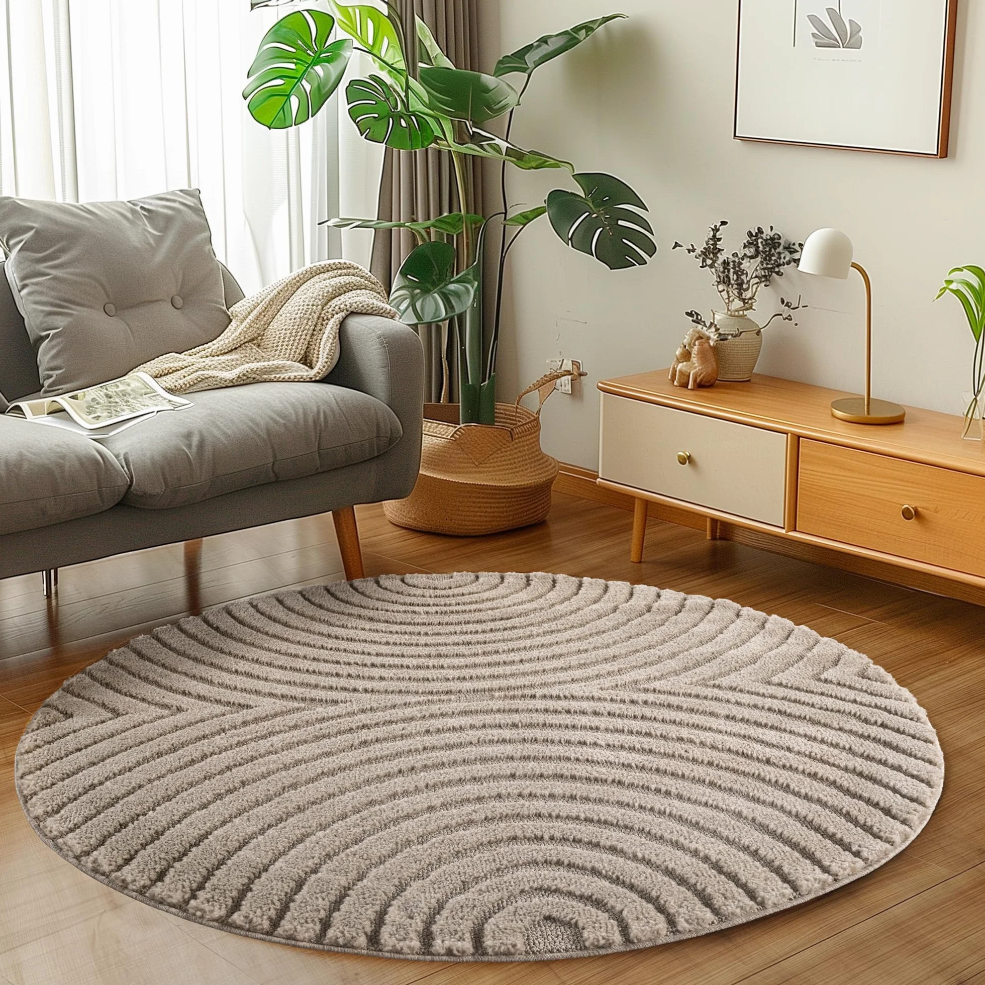Carpetsale24 Dywan Okrągły 160 cm Beżowy z Długim Włosiem Design Skandi Boho Efekt Wysoko-Nisko Miękki Shaggy Puszysty Trwały Łatwy w Czyszczeniu Nowoczesny do Sypialni