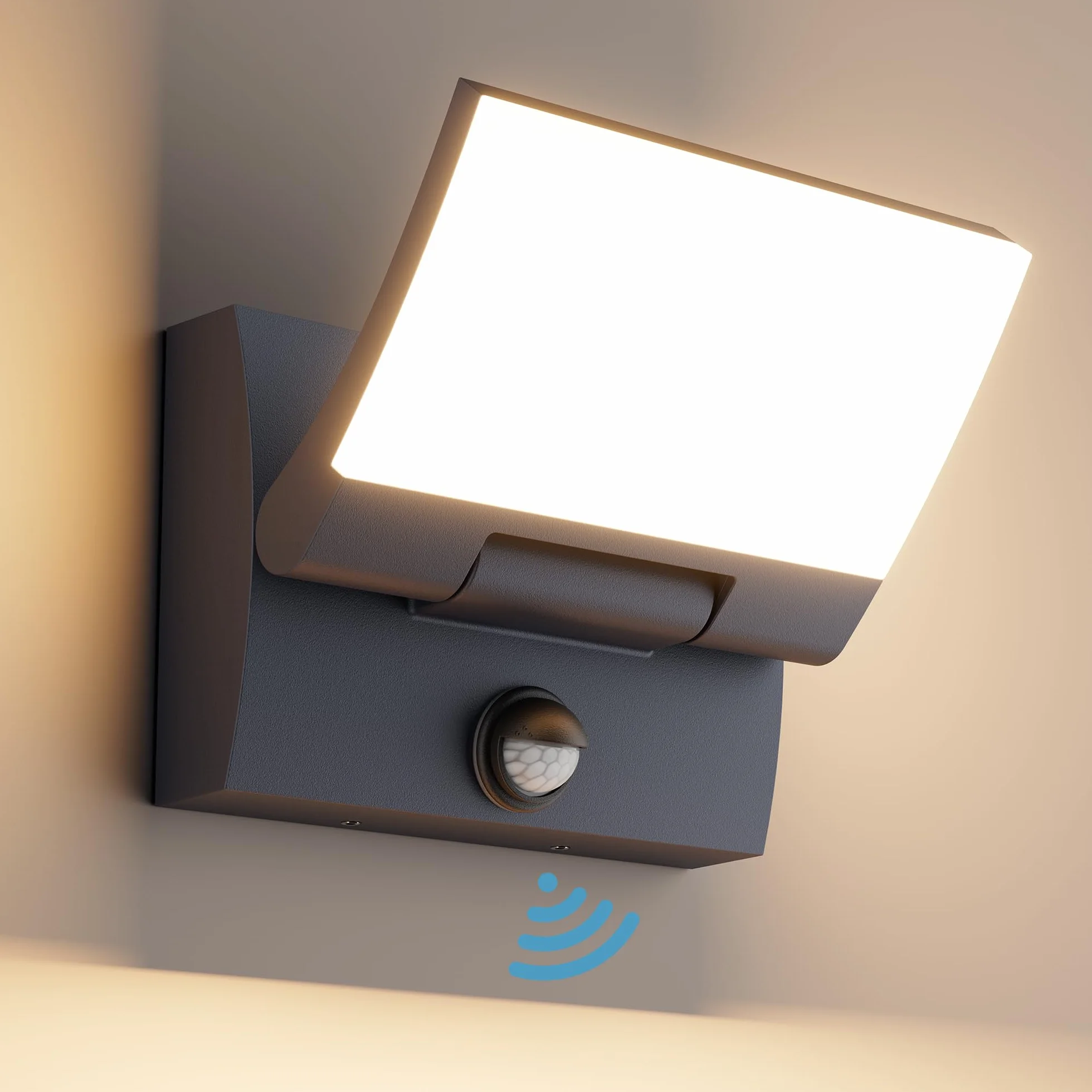 K-Bright 30W Lampa naścienna zewnętrzna/wewnętrzna LED z czujnikiem ruchu Antracyt Lampa zewnętrzna IP65 3000K z obrotowym akrylowym panelem 150° do ogrodu, tarasu, wejścia