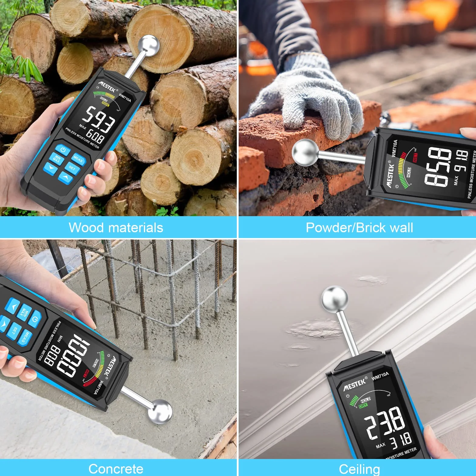 Detector Wilgotności MESTEK 20-40mm Wilgotnościomierz Czujnik Wilgotności Miernik wilgotności Cyfrowy Wyświetlacz LCD Alarm dźwiękowy Przenośny z Baterią do ścian Drewnianych Zaprawa Cementowa