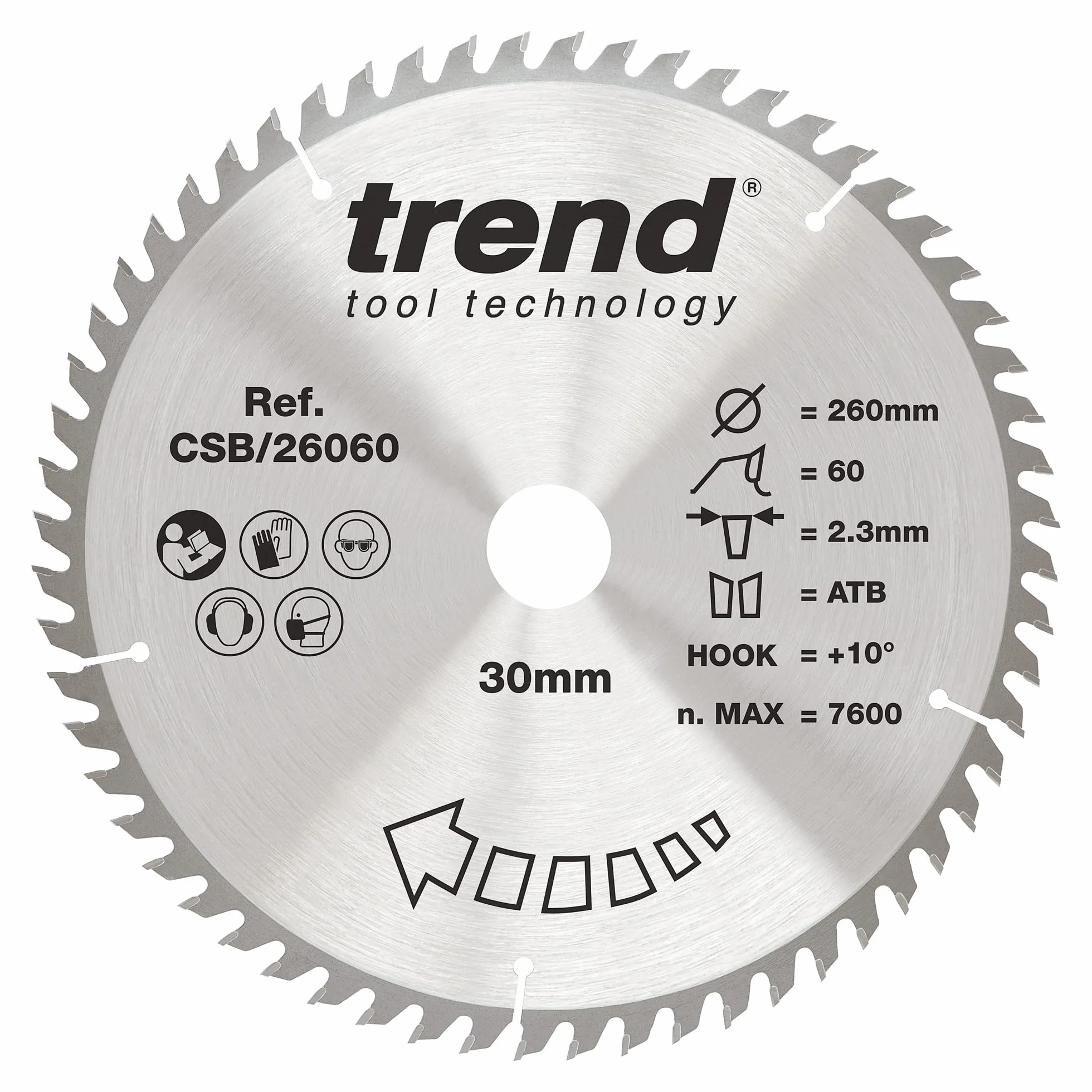 Trend Wood brzeszczot do piły tarczowej, średnica 260 mm, otwór 30 mm, 60 zębów, 2,3 mm szczelina tnąca, +hak 10°, TCT, cienka powierzchnia, CSB/26060