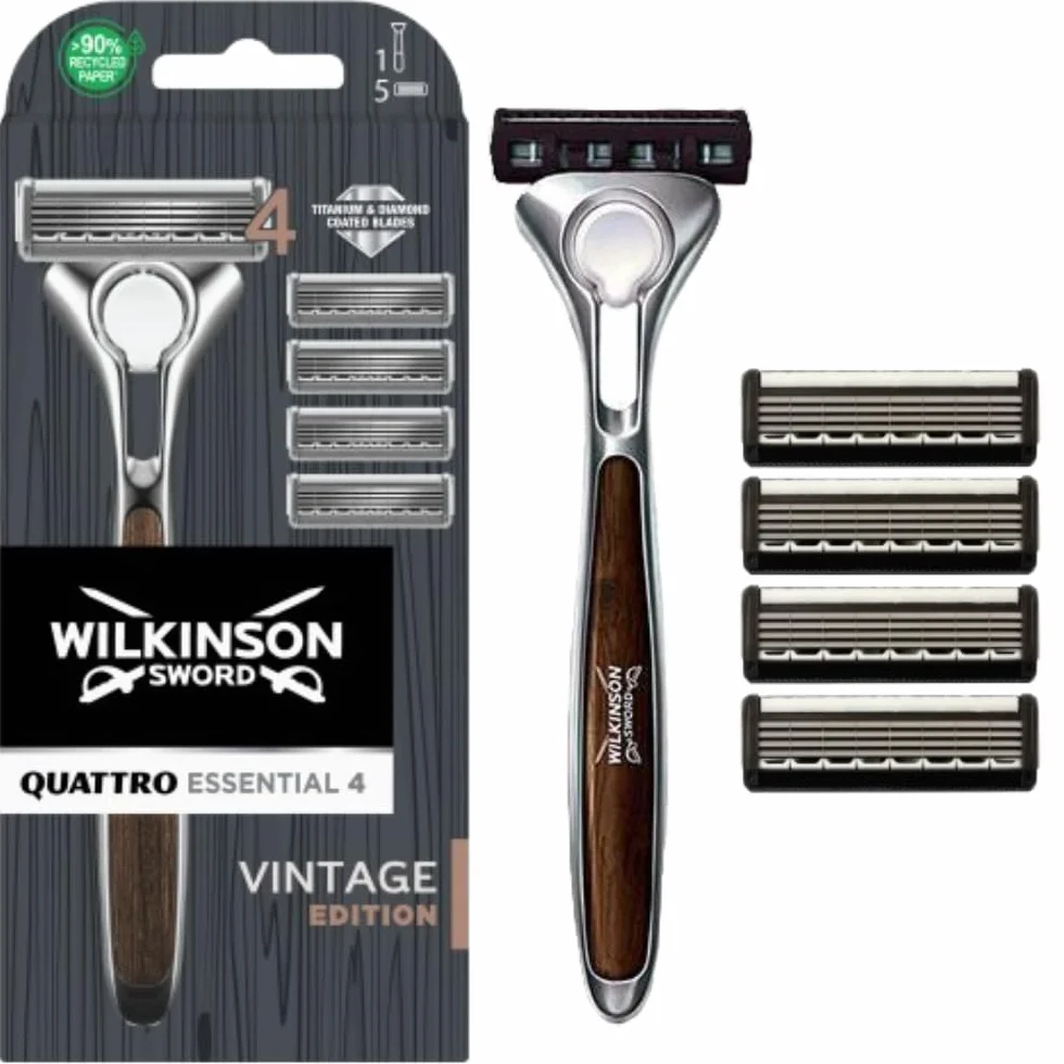 Wilkinson Sword 7005099W Maszynka do Golenia dla Mężczyzn z 4 Wkładami, 4 Ostrza, Srebrny/Brązowy