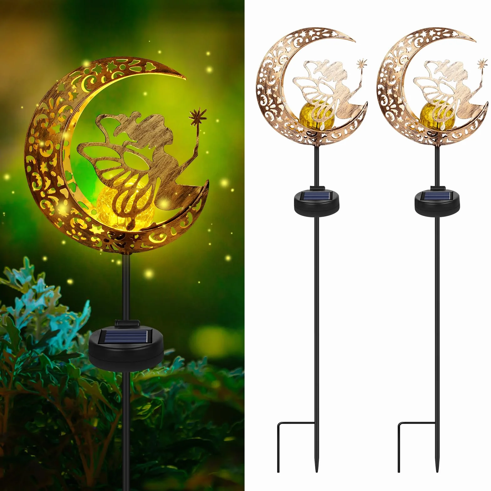 GuKKK Księżycowe lampy solarne do ogrodu, 2 sztuki, do użytku na zewnątrz, dekoracja tarasu, księżycowa wróżka, światło słoneczne, elf/wróżka kwiatowa, wodoszczelna lampa solarna, na taras, balkon,