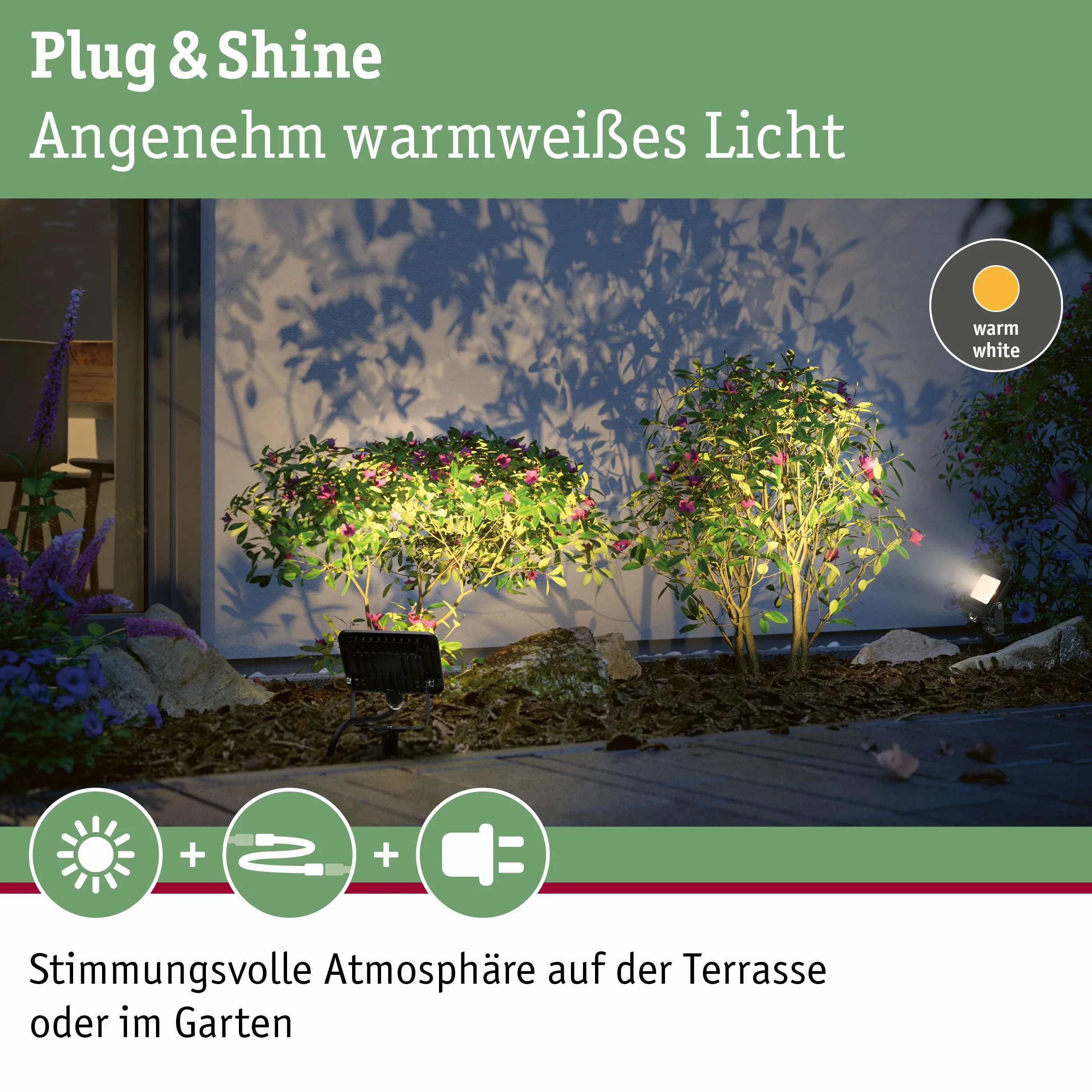 Paulmann 94574 Plug & Shine LED światło zewnętrzne Reflektor ogrodowy Reflektor IP65 Ciepła biel z 1x6,8 W Czarny aluminiowy spot 3000 K