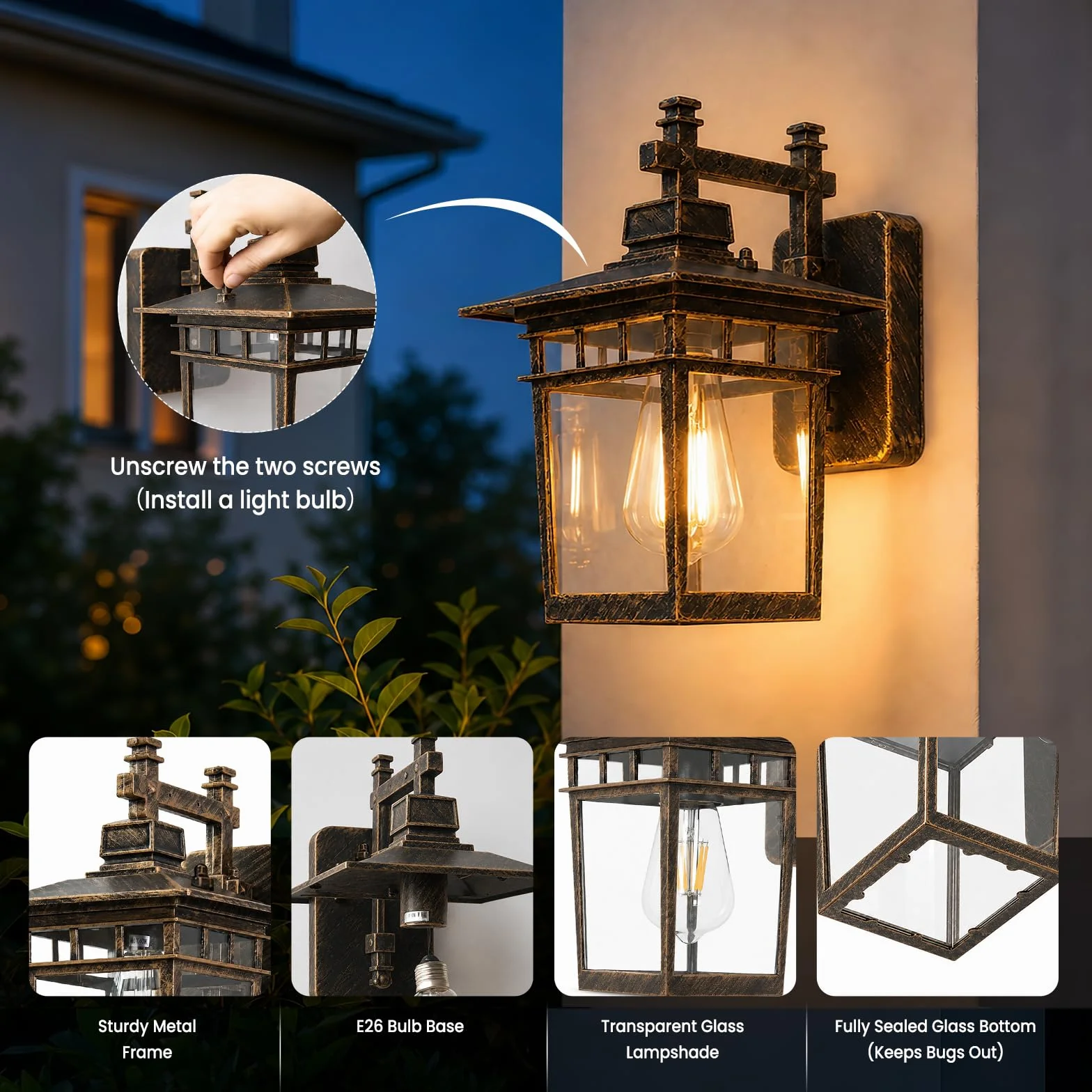 Zewnętrzna latarnia ścienna, wodoodporna IP44, retro E27, zewnętrzna lampa ścienna z przezroczystym szkłem, zewnętrzne lampy farmskie oświetlenie zewnętrzne kinkiety do garażu