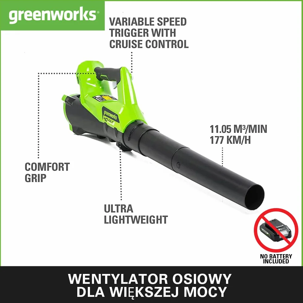 Greenworks G40AB Akumulatorowa dmuchawa do liści osiowa z tempomatem, 177 km na godzinę, 11,05 m³ na min bez baterii 40 V i ładowarki