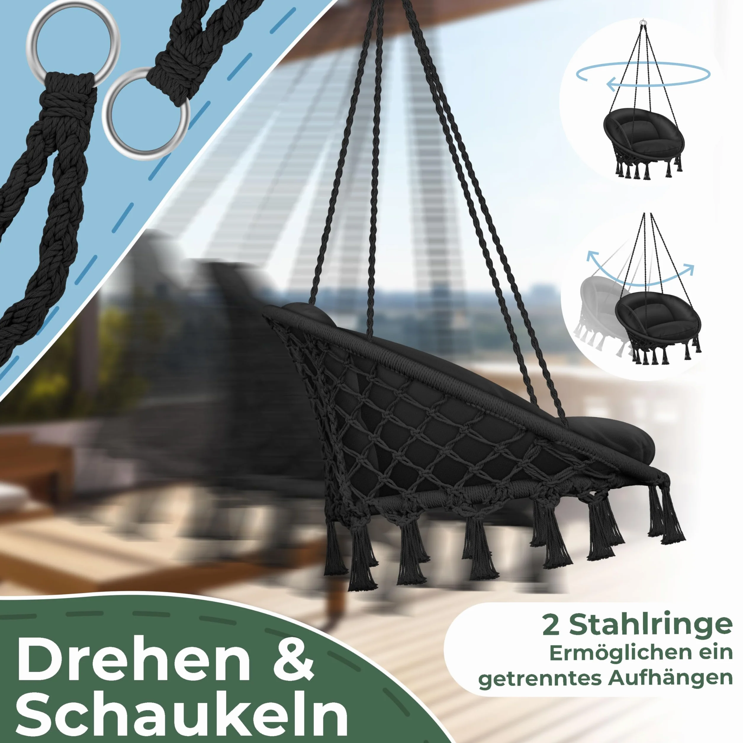 KESSER® Fotel wiszący z poduszką – Chill krzesło wiszące do zawieszenia dla dorosłych i dzieci, hamak do 150 kg, do zawieszenia wewnątrz i na zewnątrz, do salonu i ogrodu, na taras, czarny