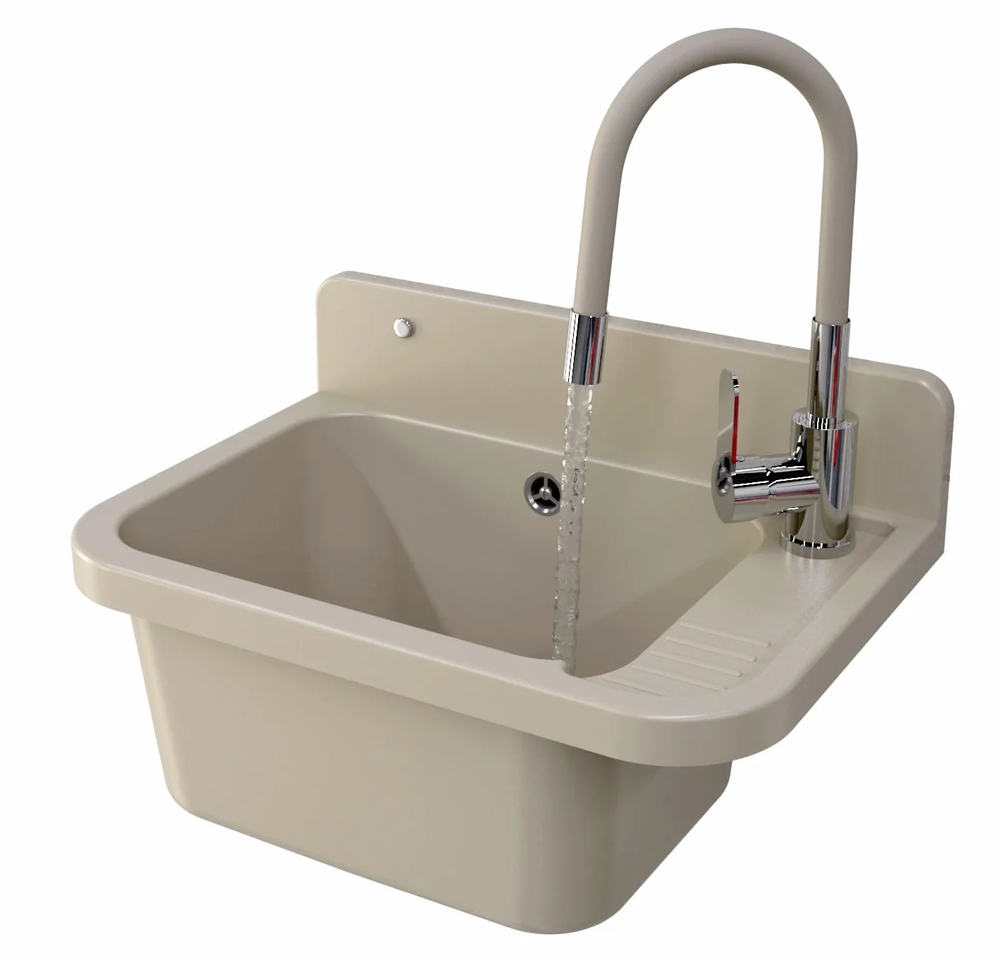 Granitan Umywalka do garażu, piwnicy, warsztatu i pralni – uniwersalne koryto z syfonem – umywalka do montażu na ścianie – 50 x 34 x 31 cm (beżowa + armatura umywalkowa FLEX)