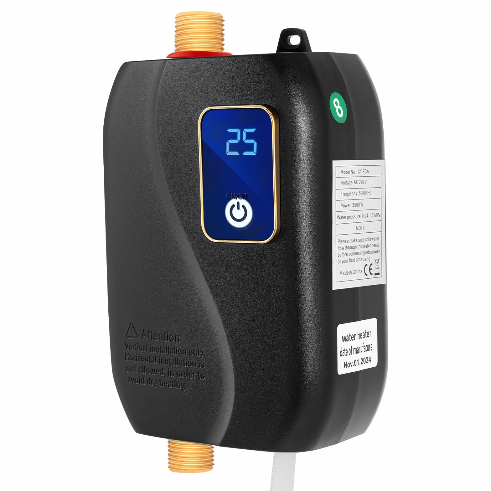 3500 W zbiornik ciepłej wody, bojler 1-5 l/min, podgrzewacz wody, mały pojemnik, elektryczny, odporny na ciśnienie, 25~55℃, regulowany podgrzewacz przepływowy 12 x 20 cm, czarny